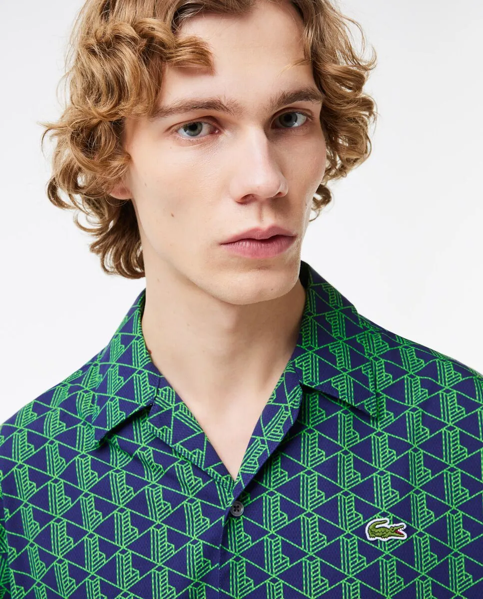 LACOSTE Short Sleeved Monogram Print Shirt Navy Blue/Green