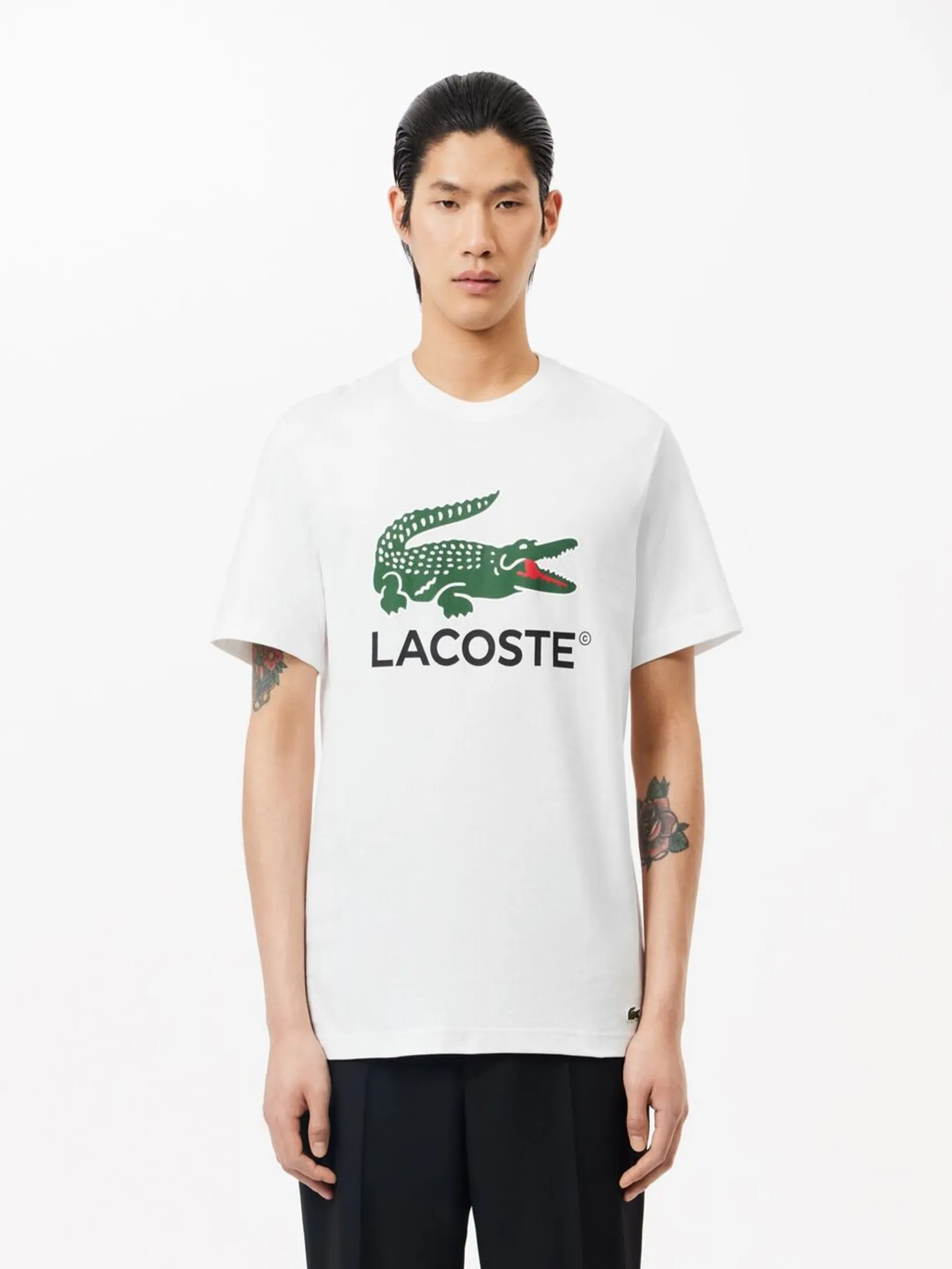 LACOSTE Signature Print Cotton T-shirt White