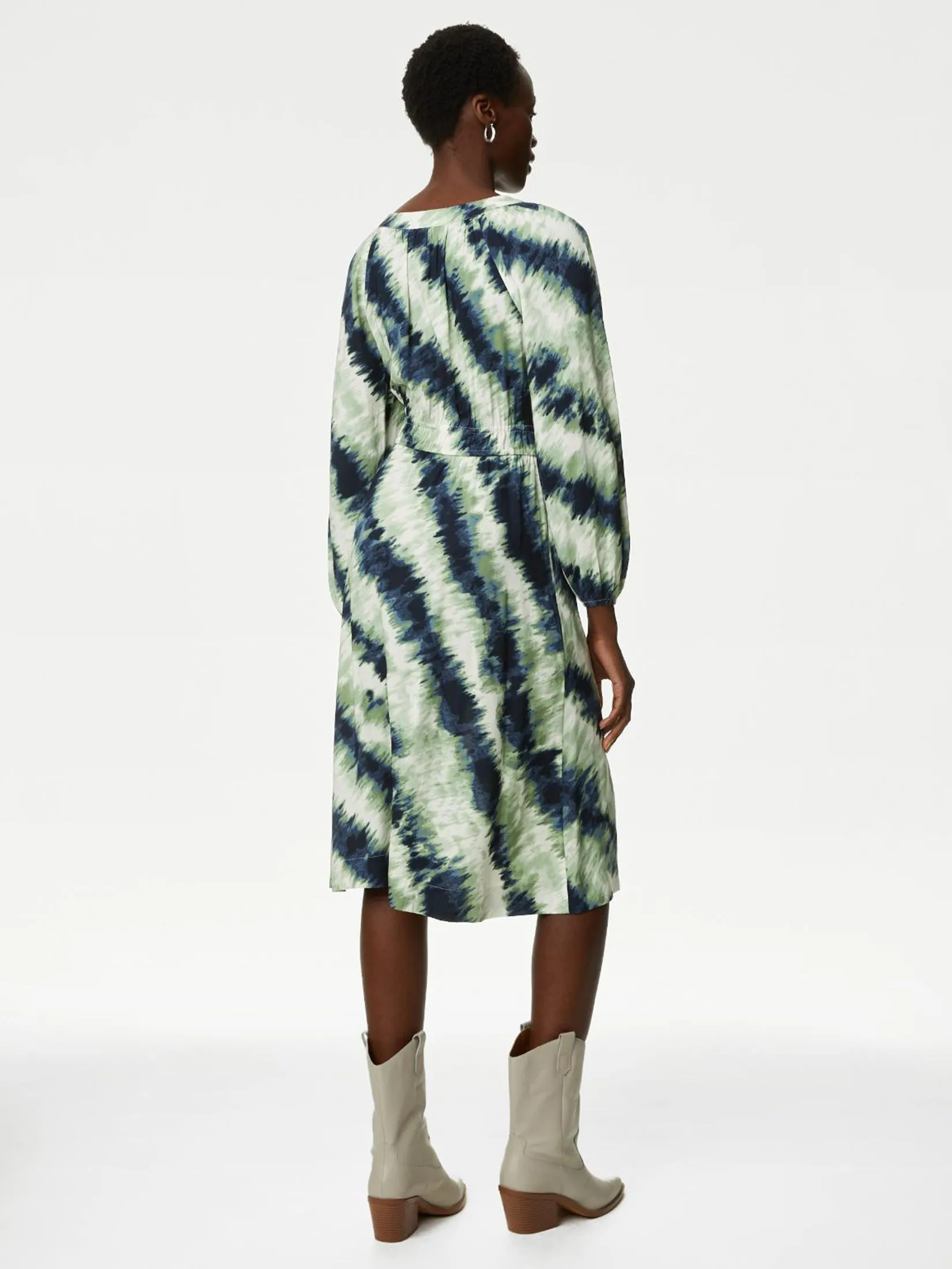 MARKS & SPENCER Women Midi Waisted Dress Printed Keyhole Pleated Green Mix