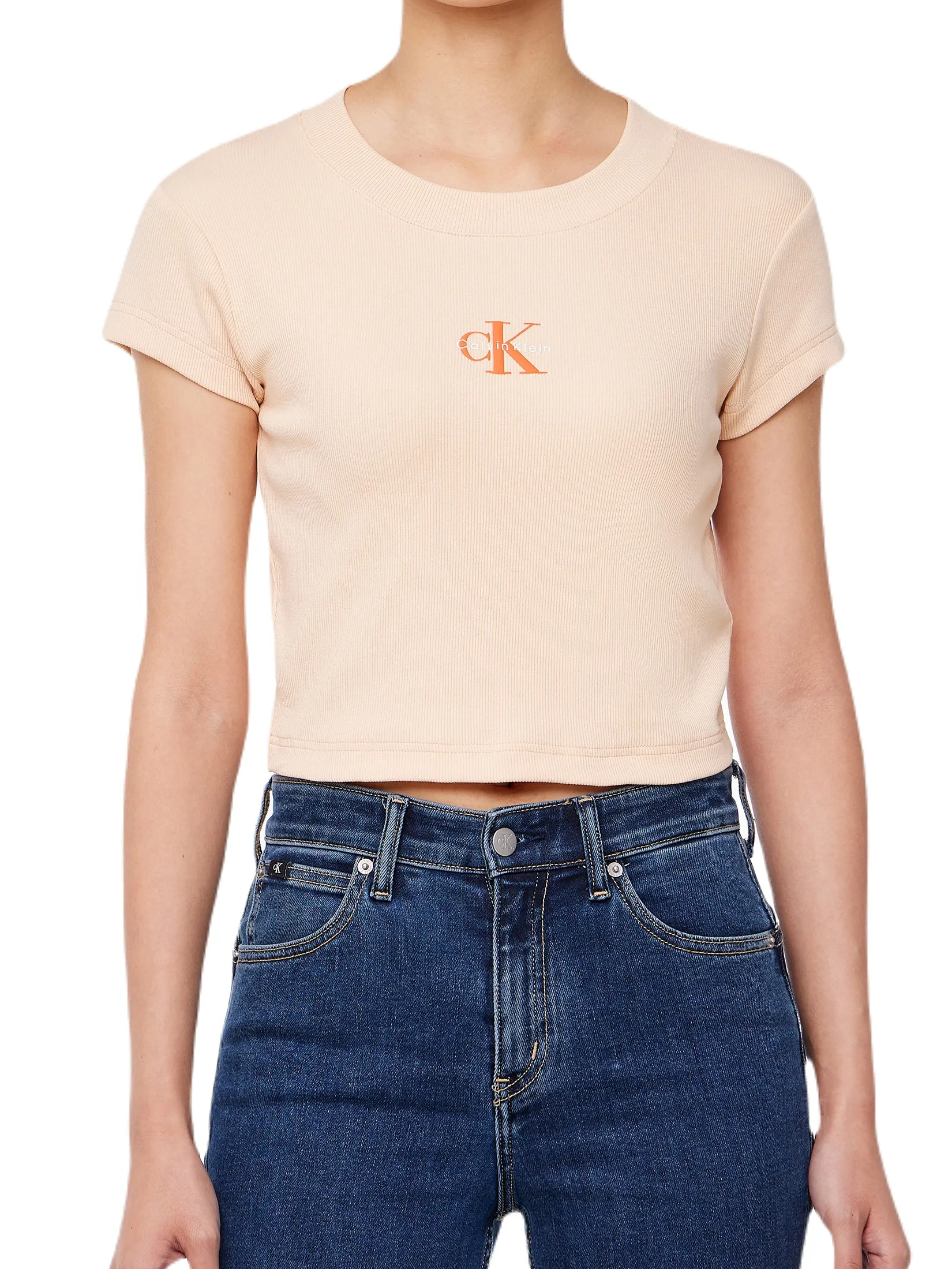 CALVIN KLEIN Women s Monogram Baby Short Sleeve T-Shirt Peach Size - S