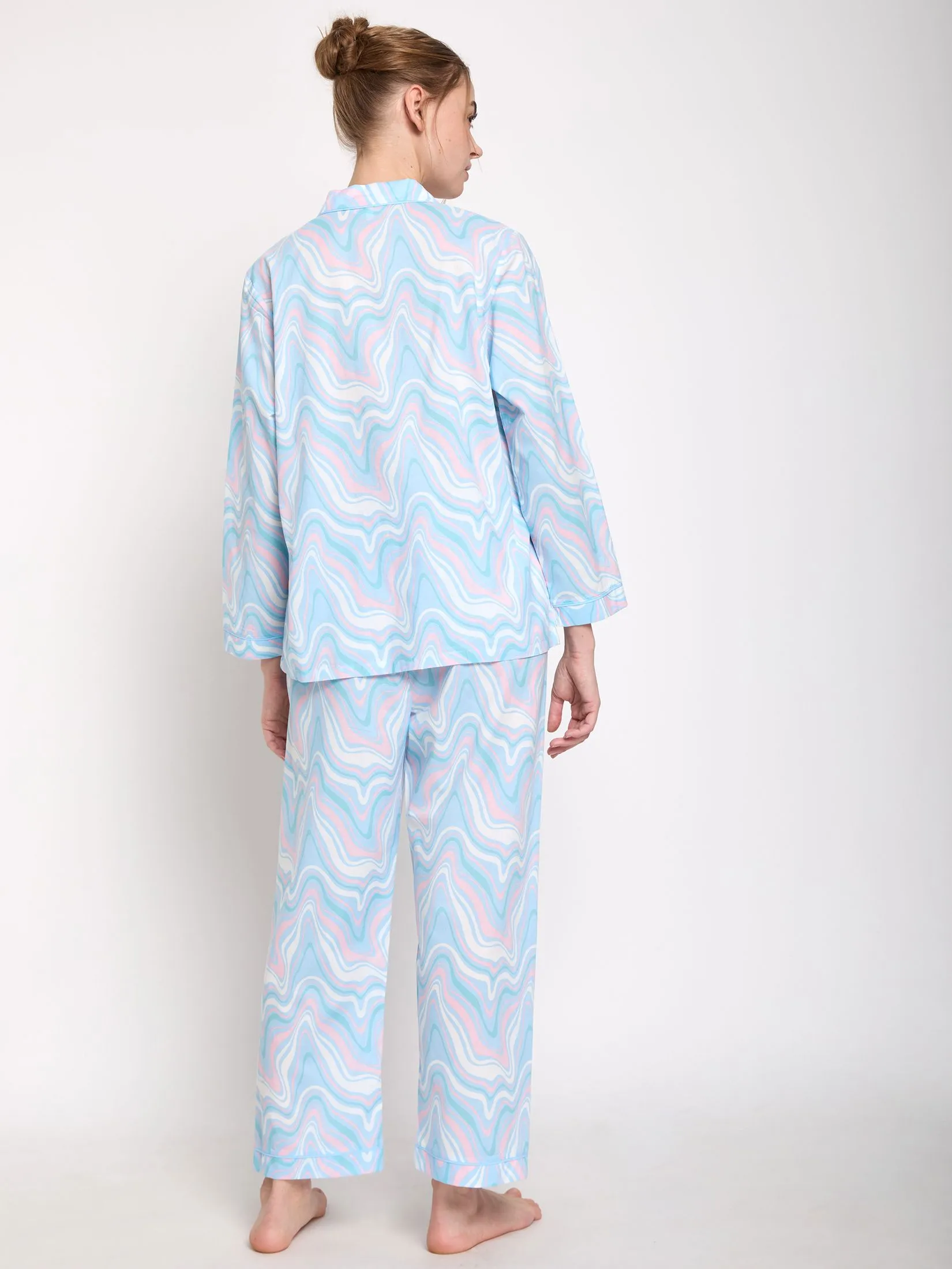 CLAUDIA'S ROMANCE Women Pyjamas Shirt Long Sleeves Hawaiian Collar + Pants Marble Swirl Light Blue