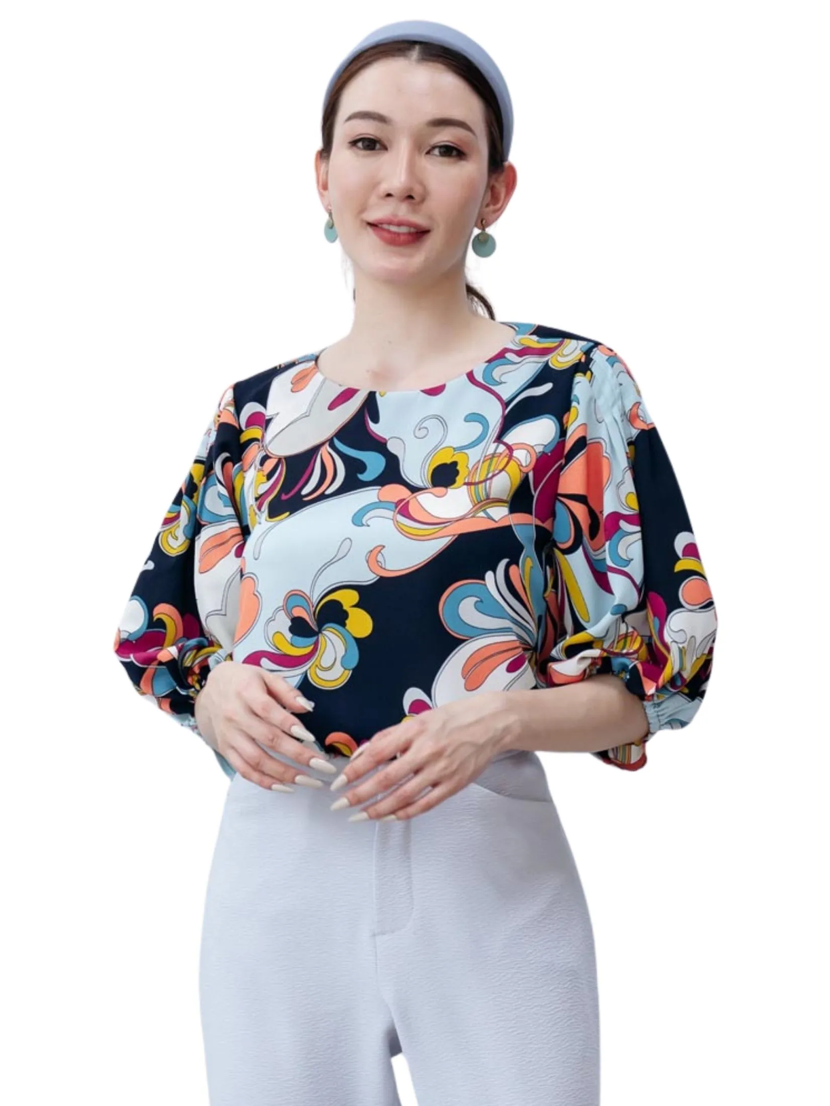 MIKIKO Women Blouse Long Sleeves Chiffon Dobby Navy Blue