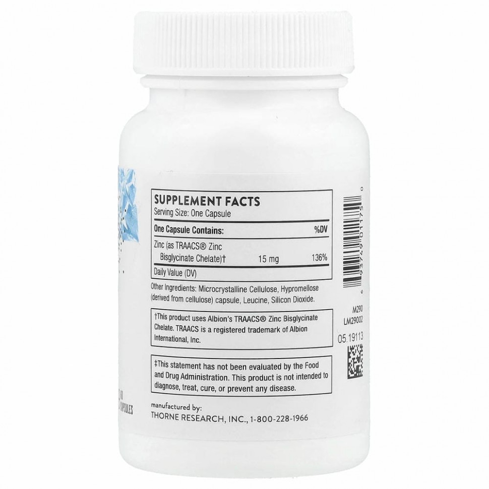 Thorne Research, бисглицинат цинка, 15 мг, 60 капсул