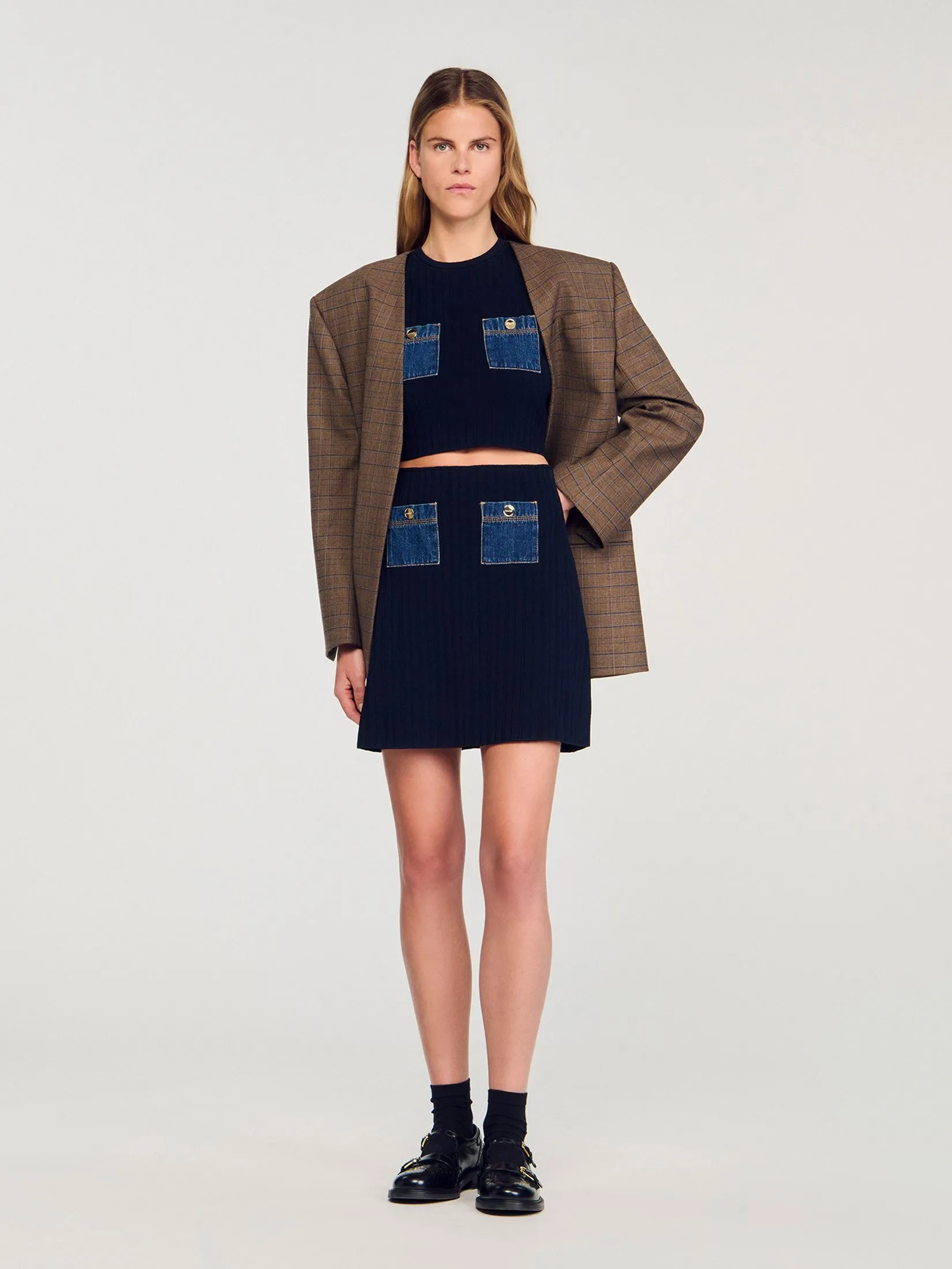 SANDRO Mini Knit and Denim Skirt