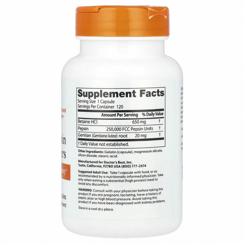 Doctor's Best, горькая настойка из бетаингидрохлорида, пепсина и горечавки, 120 капсул