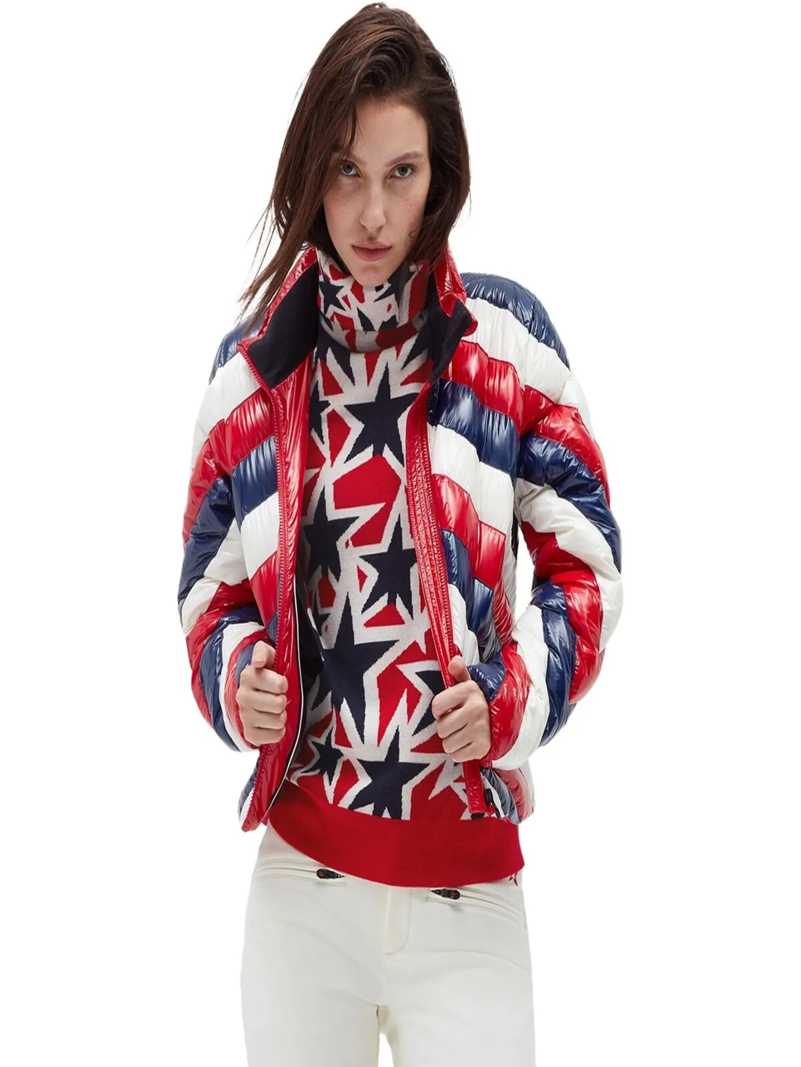 PERFECT MOMENT MINI STRIPE DUVET SKI JACKET IN RED RAINBOW CIRE