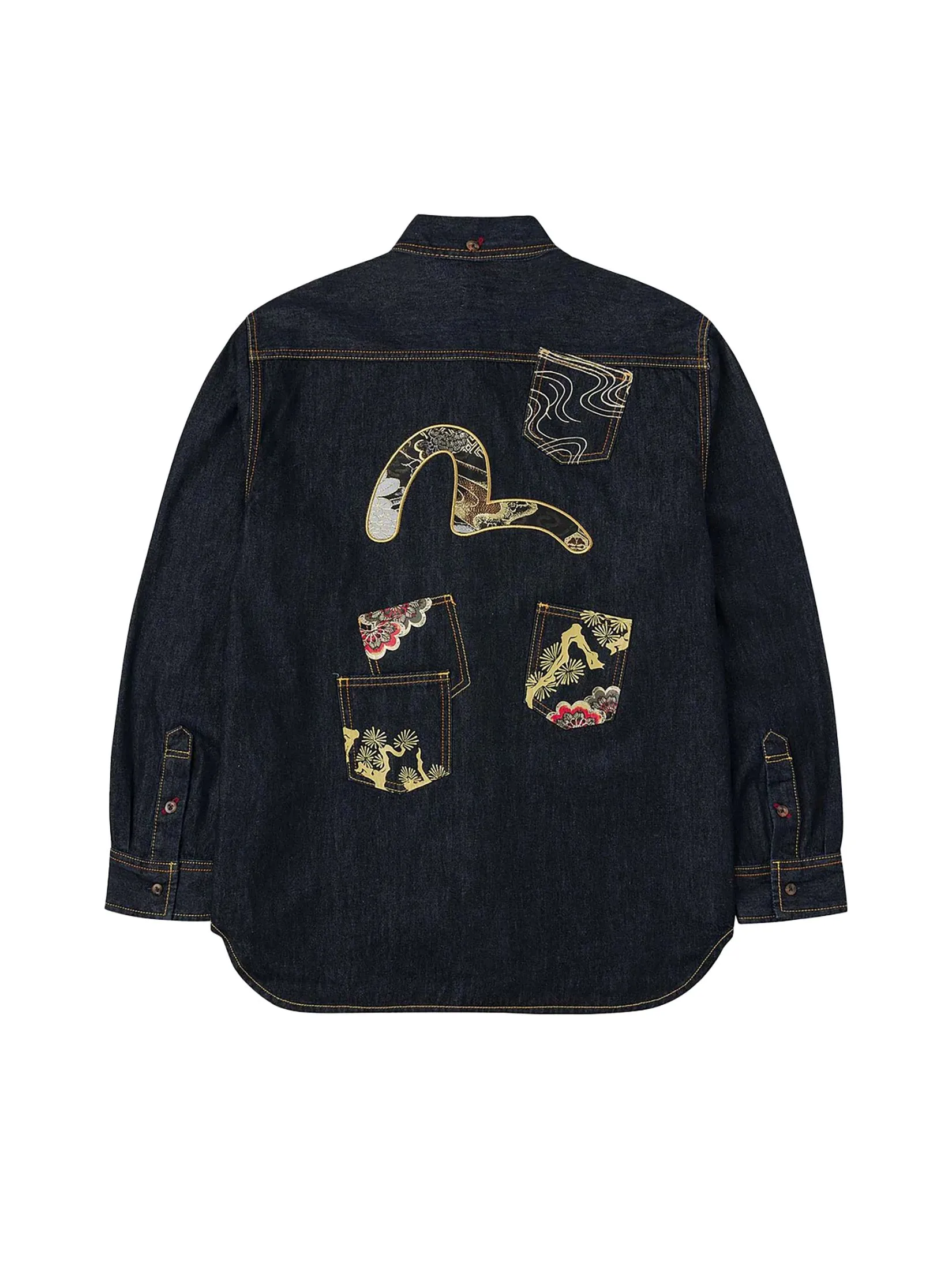 EVISU Men Shirt Denim Multi-pocket and Barcode Seagull Embroidery Regular Fit Navy