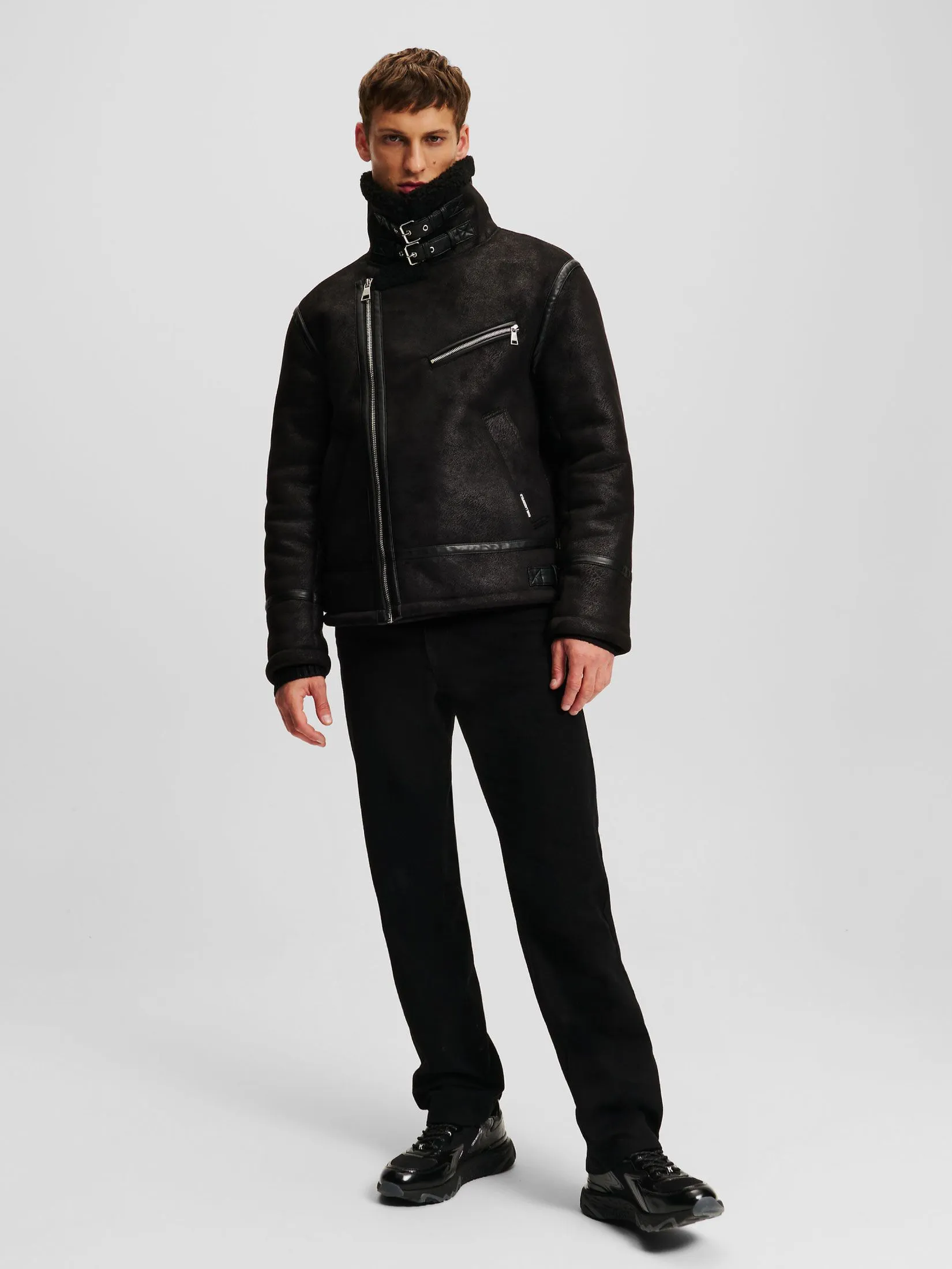 KARL LAGERFELD FAUX LEATHER SHEARLING JACKET BLACK