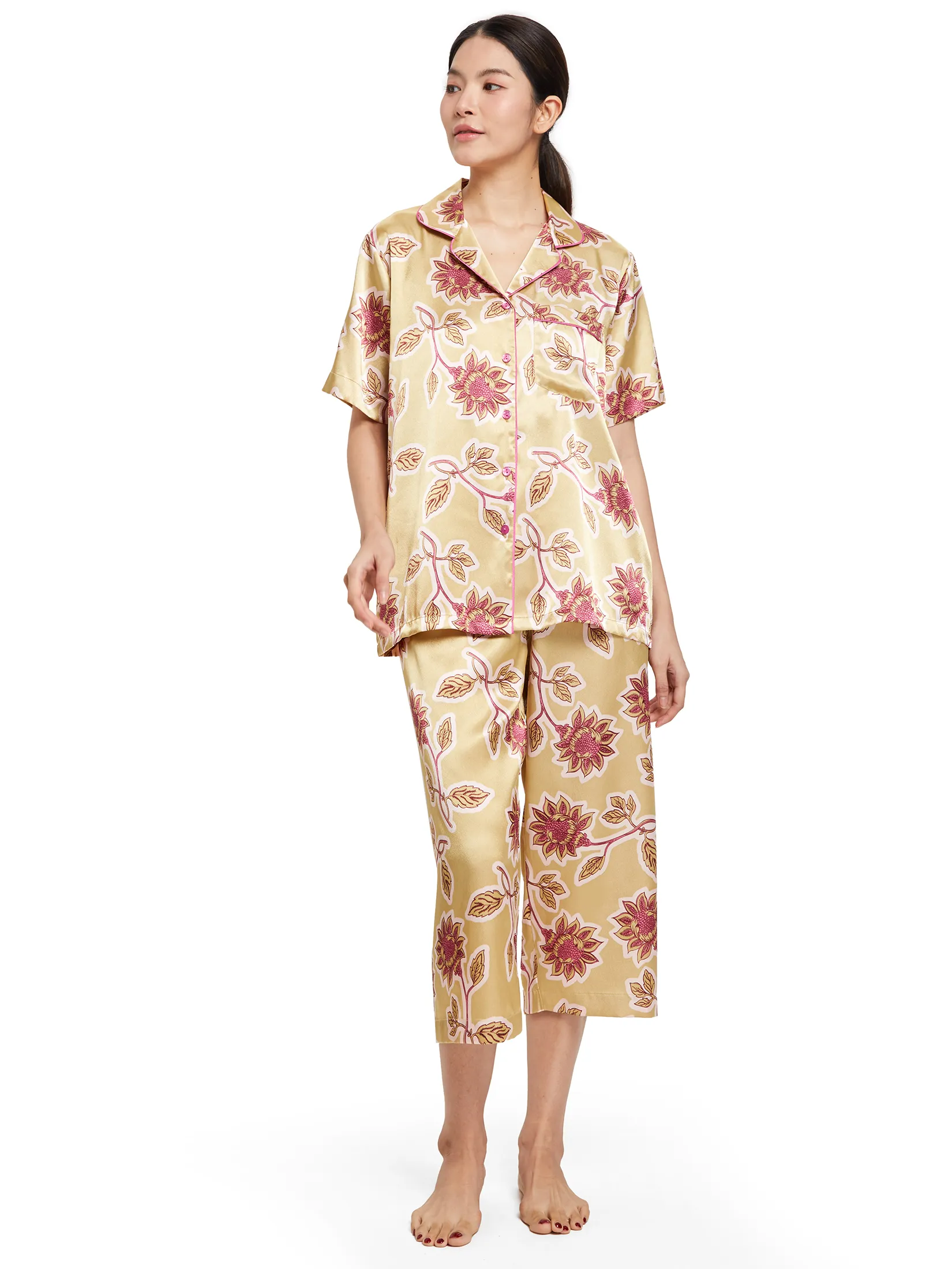 ELIZABETH Women Pyjamas Short Sleeves Shirt + Cropped Pants Gold