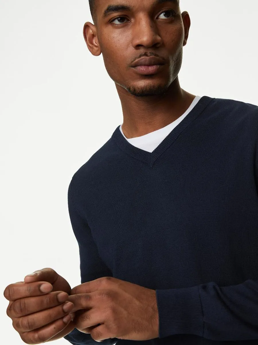 MARKS & SPENCER Men Jumpers V-Neck Pure Cotton Knitted F0_Navy