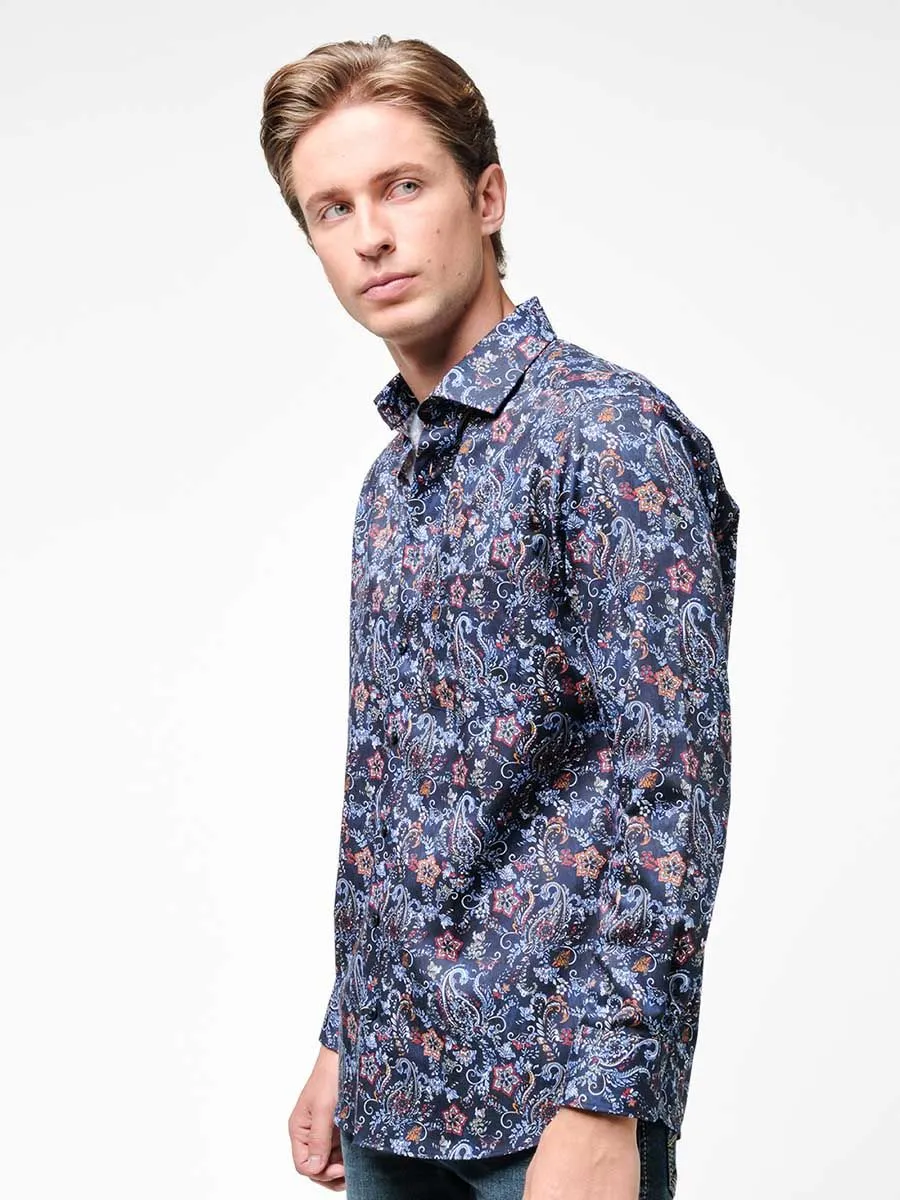 OLYMP MEN SHIRT LONG SLEEVES MODERN FIT GRAPHIC PRINT NAVY BLUE EASY IRON