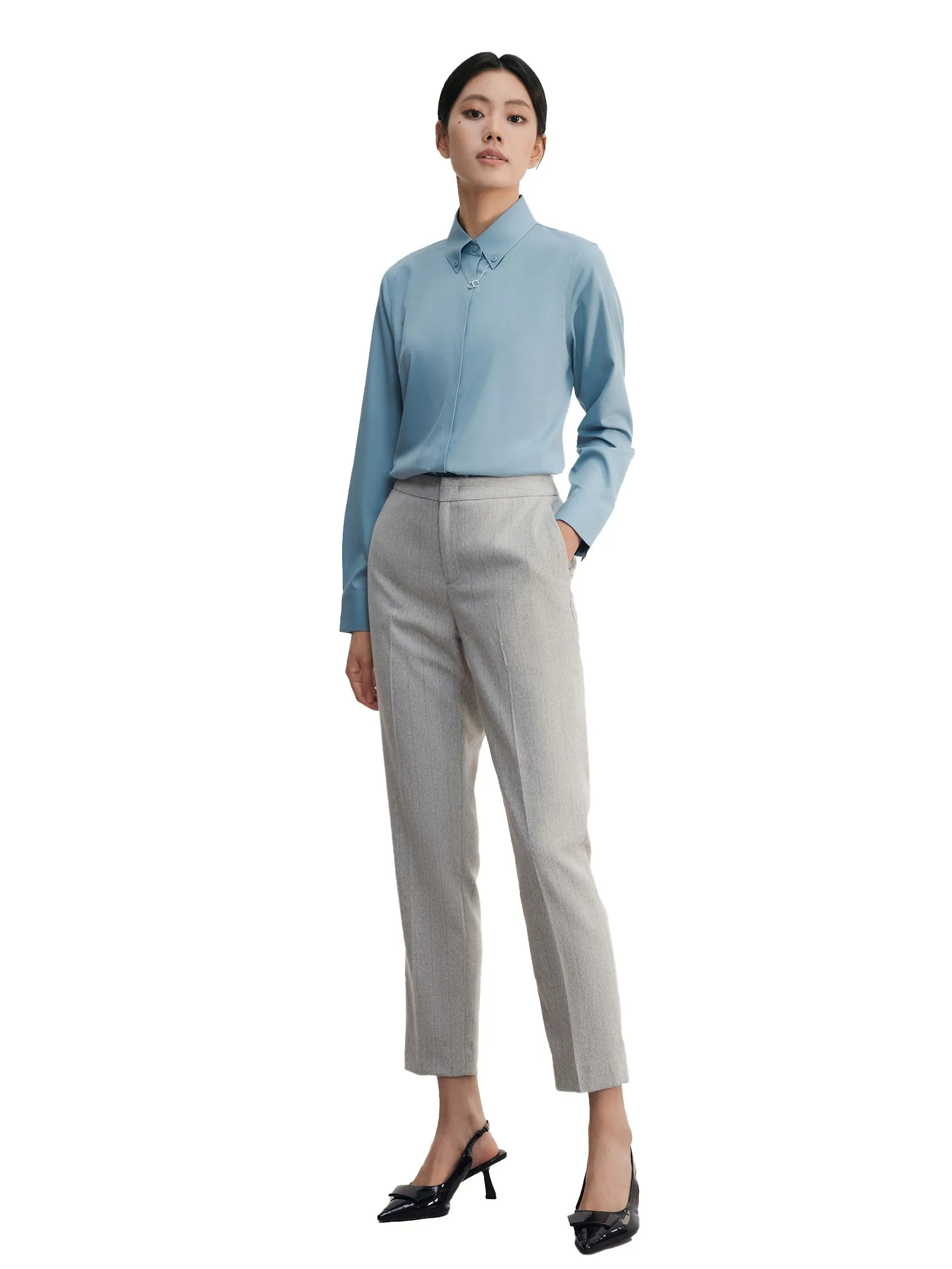 G2000 Women Clothing Modal Poly Spandex Dobby Twill With Detachable Necklace Shirt Slim Fit - Blue