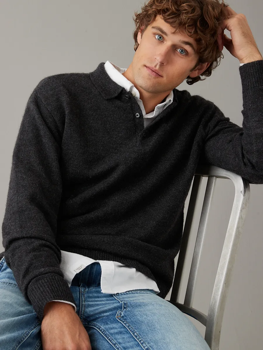 AMERICAN EAGLE MEN 1813 POLO SWEATER 008 CHARCOAL