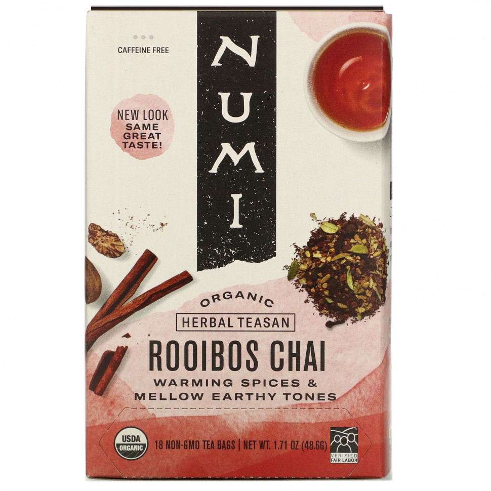 Numi Tea, Organic Herbal Teasan, чай ройбуш, без кофеина, 18 чайных пакетиков, 48,6 г (1,71 унции)
