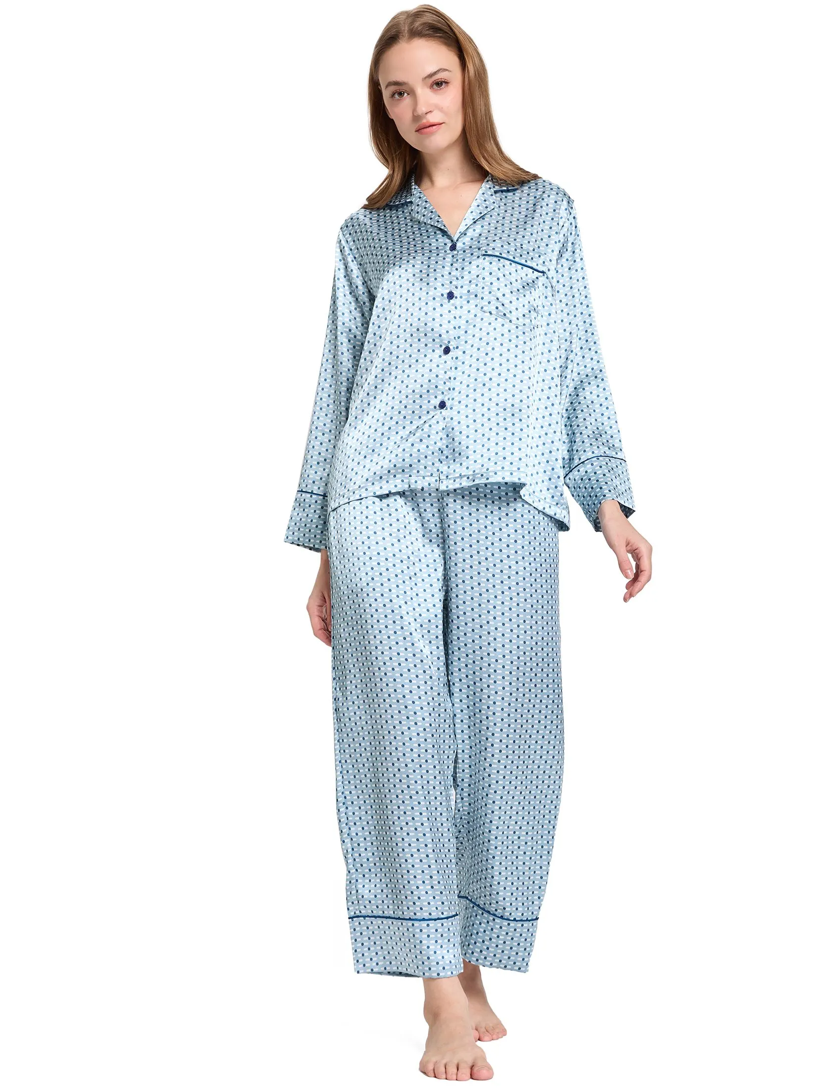 ELIZABETH Women Pajamas Shirt Long Sleeves + Pants Light Blue Size - L