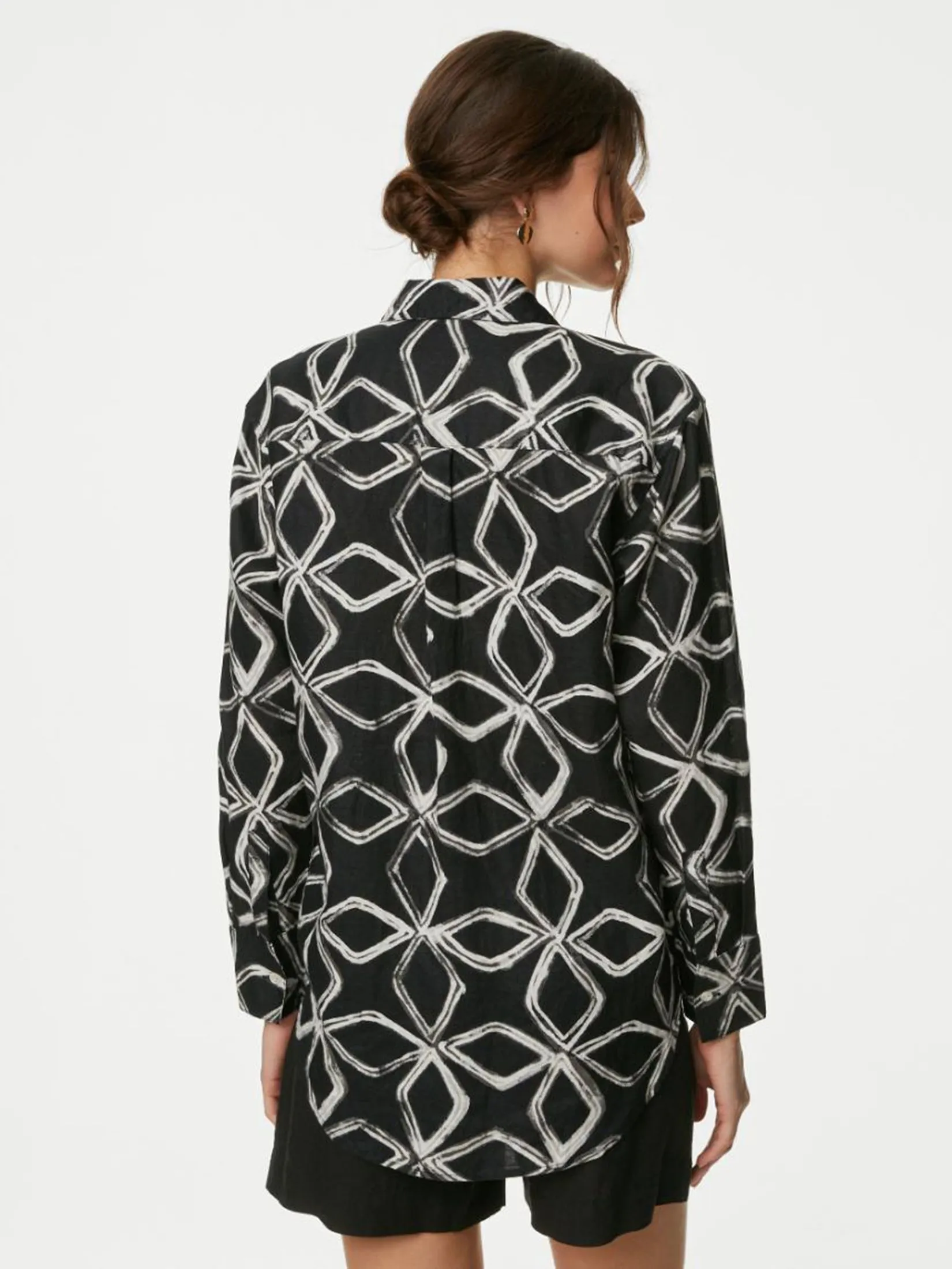 MARKS & SPENCER Women Shirt Pure Linen Printed Collared Relaxed White/Black