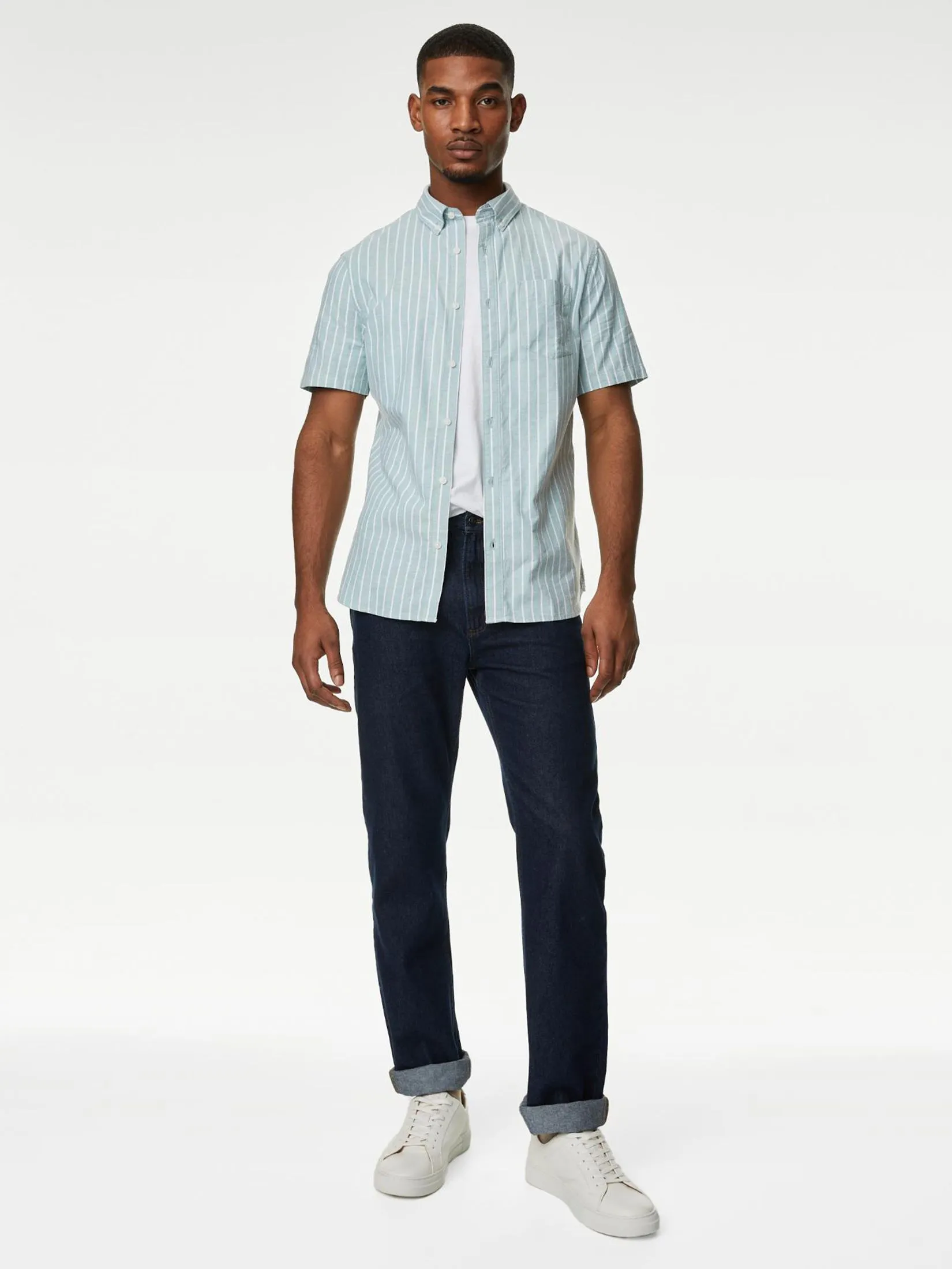 MARKS & SPENCER Men Shirt Pure Cotton Striped Oxford J4_Green Mix