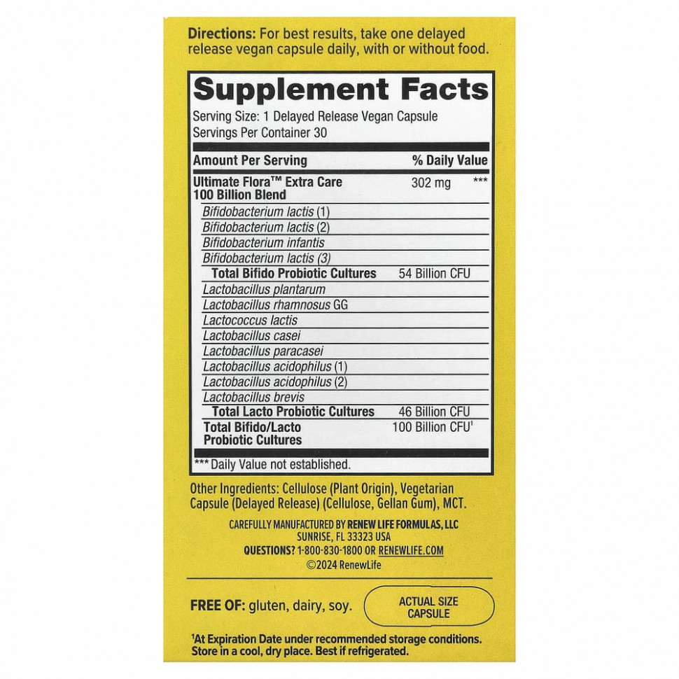 Renew Life, Ultimate Flora, пробиотик Ultimate Care, 100 млрд живых культур, 30 вегетарианских капсул