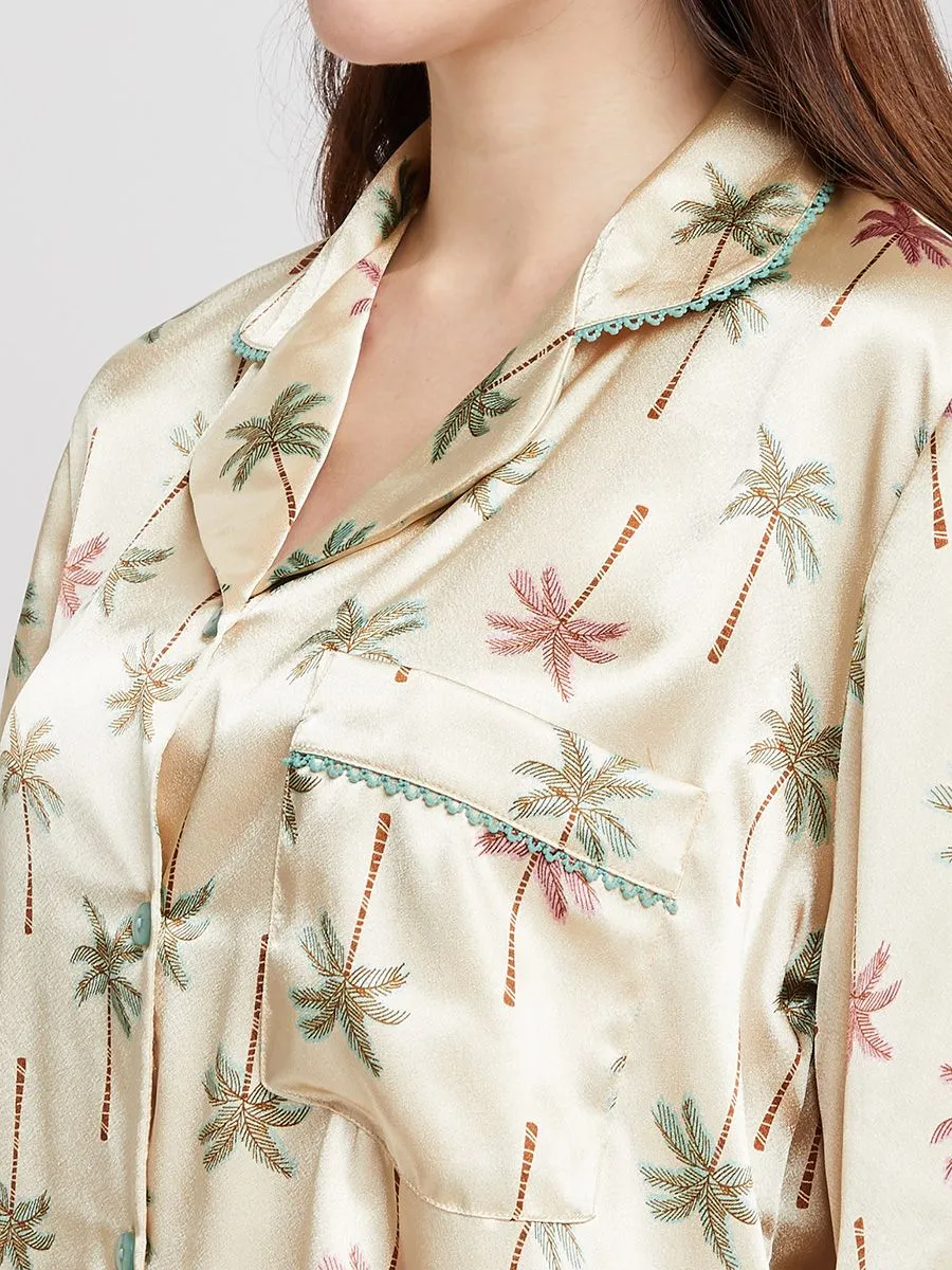 MARIA VICTORIA Women Sleepwear Long Sleeves + Pants Palm Tree Printed Gold