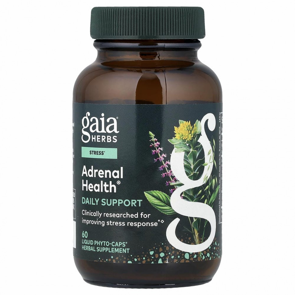 Gaia Herbs, Adrenal Health, ежедневная поддержка, 60 веганских жидких фито-капсул