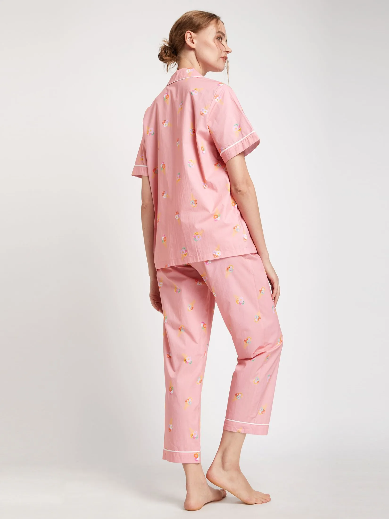FOF Women Pyjamas Shirt Short Sleeves Collar Neck + Pants Ice Cream Print Pink