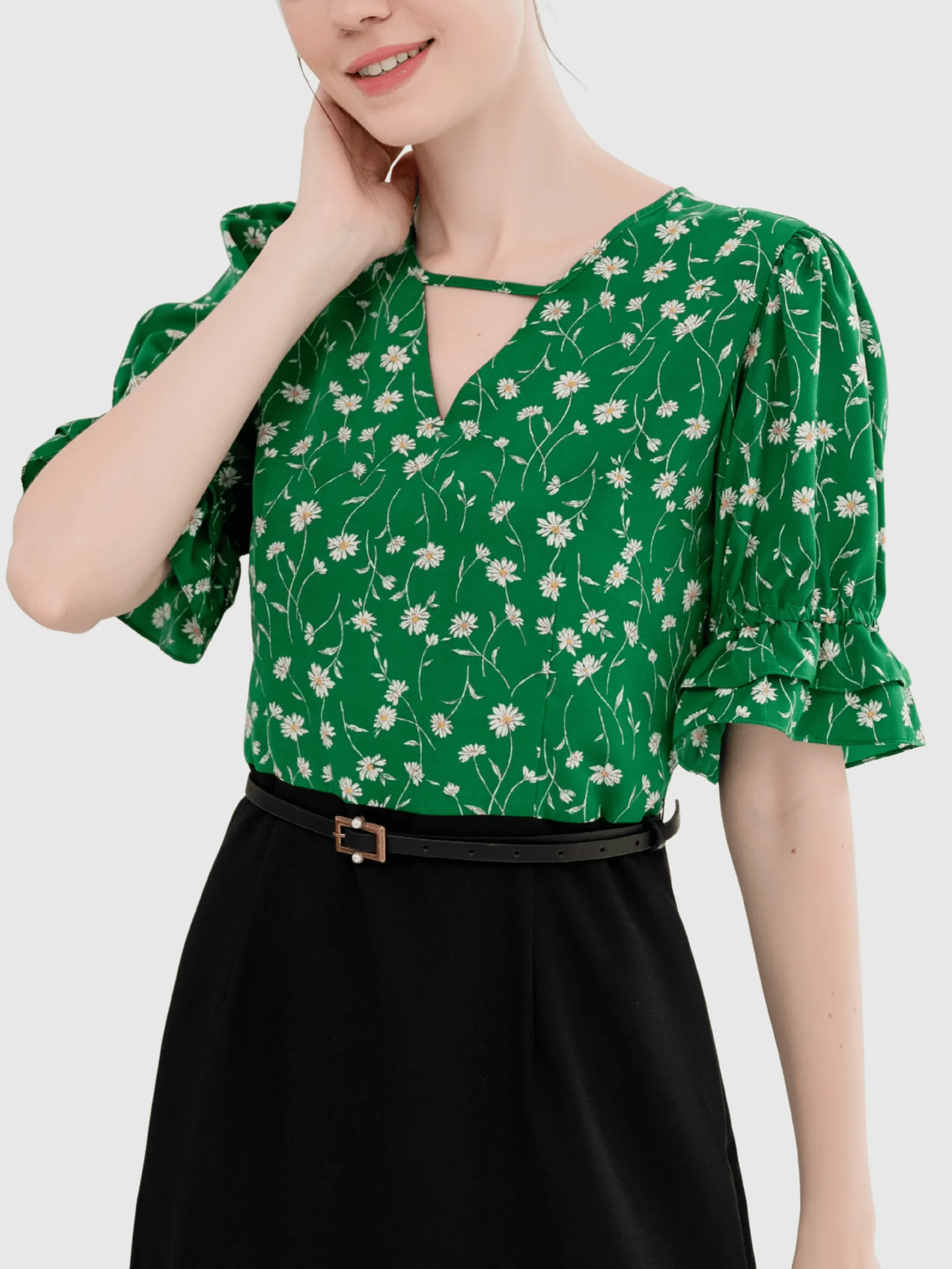 AMILA Women Dress Short Sleeves Peach Skin Green