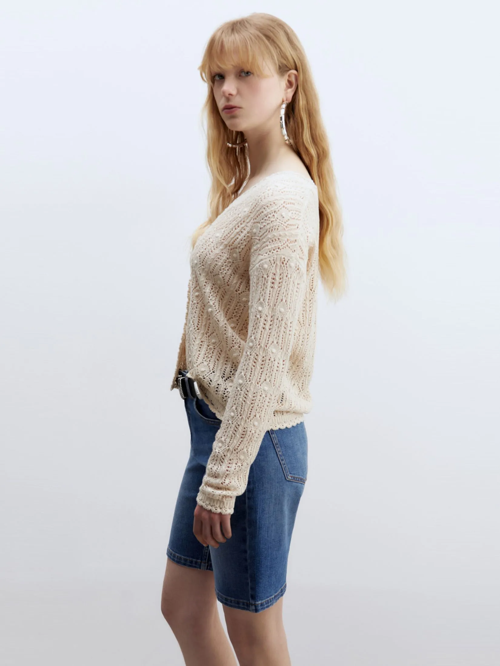 SFERA Women Cardigan V-Neck Openwork Beige