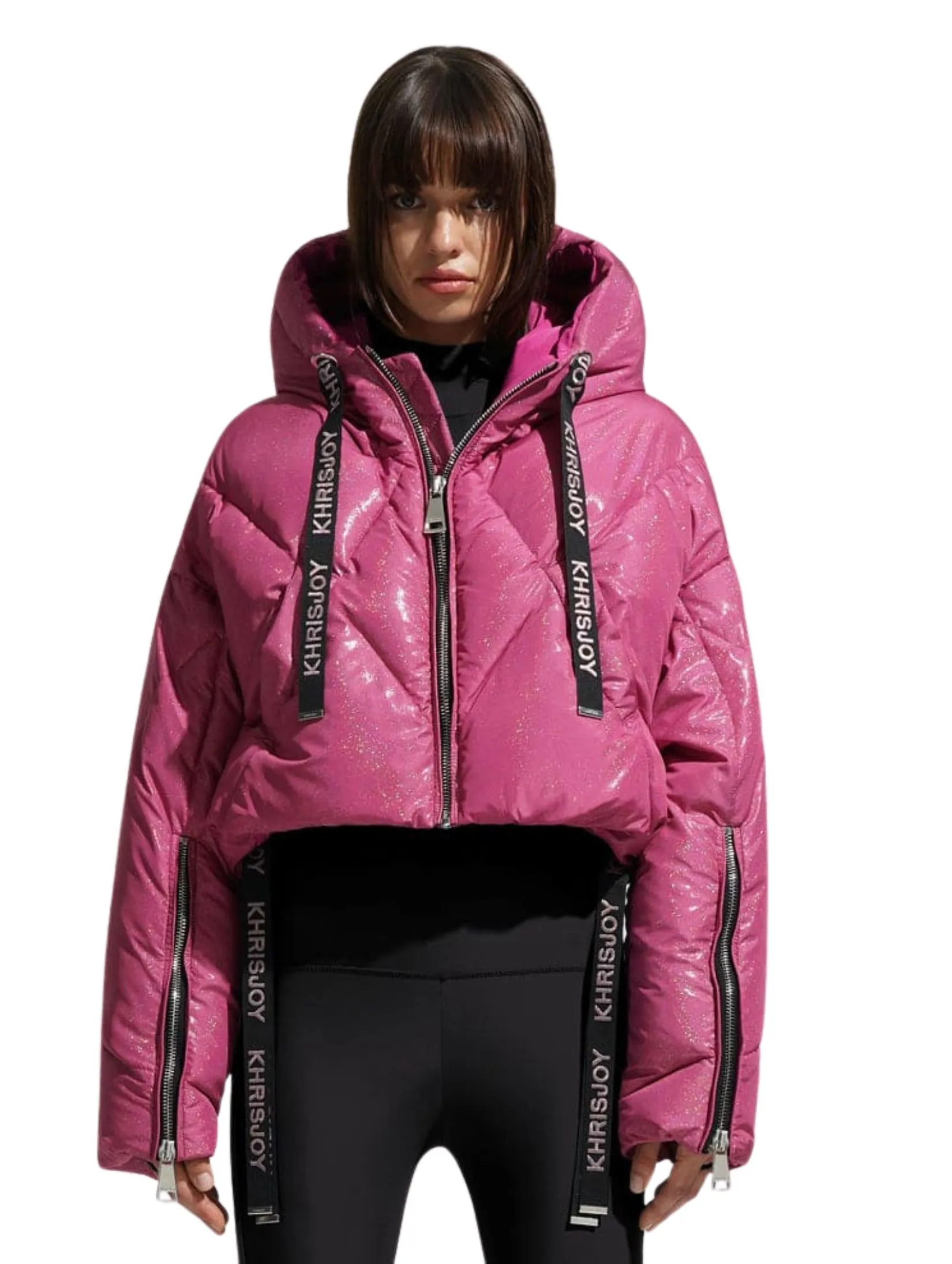 KHRISJOY Puff Khris Crop Glitter In Raspberry Rainbow Glitter