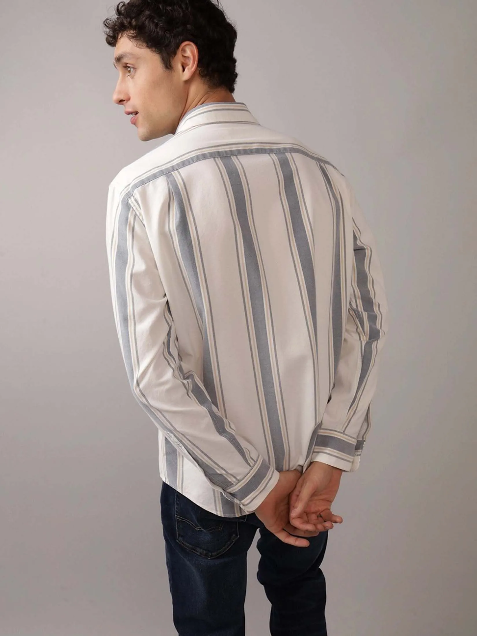 AMERICAN EAGLE MEN INT CF BD STRIPE OXFORD SHIRT 164 SOFT OAT