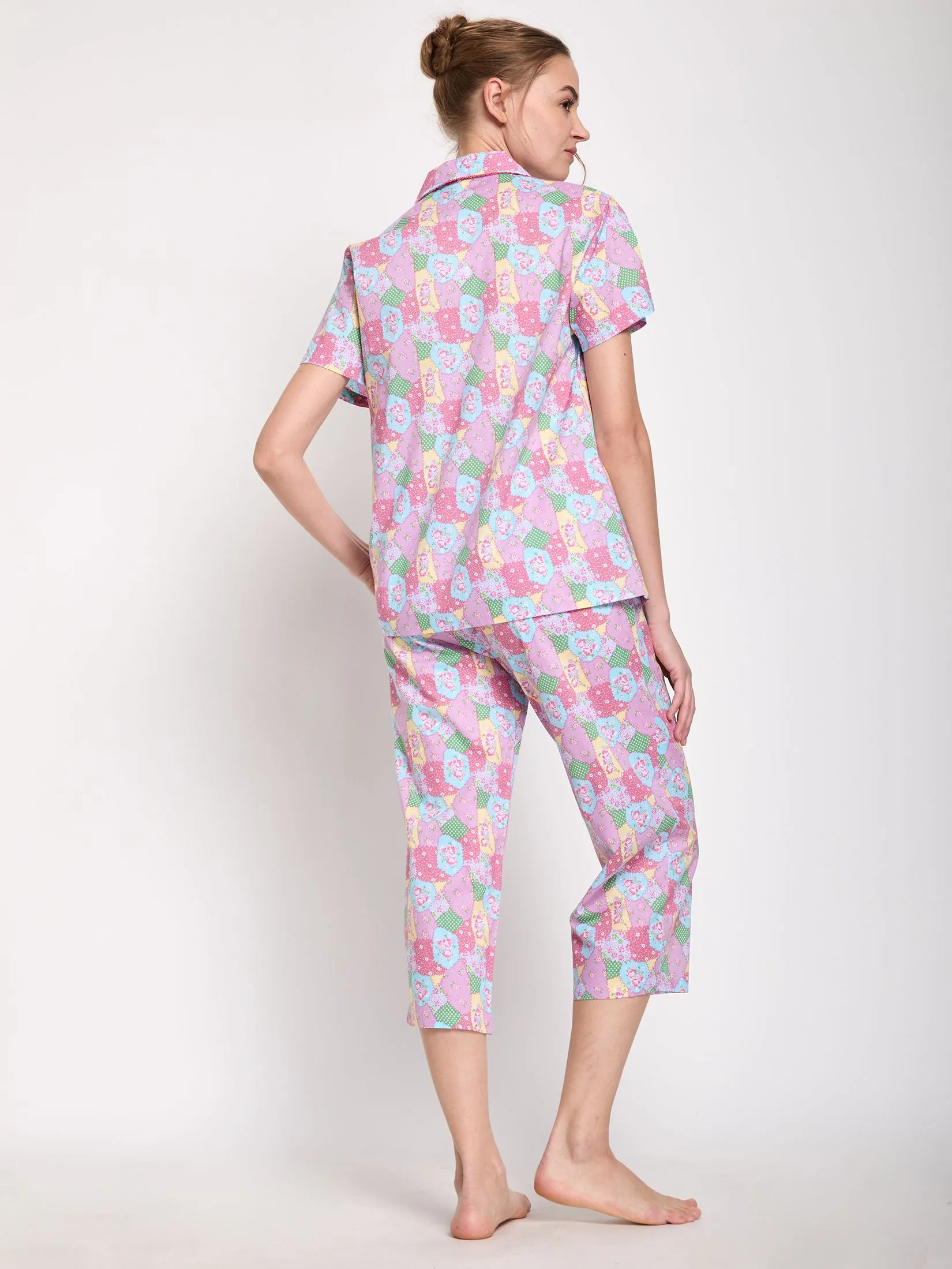 CLAUDIA'S ROMANCE Women Pyjamas Set Hawaiian Shirt Short Sleeves + Cropped Pants Pink