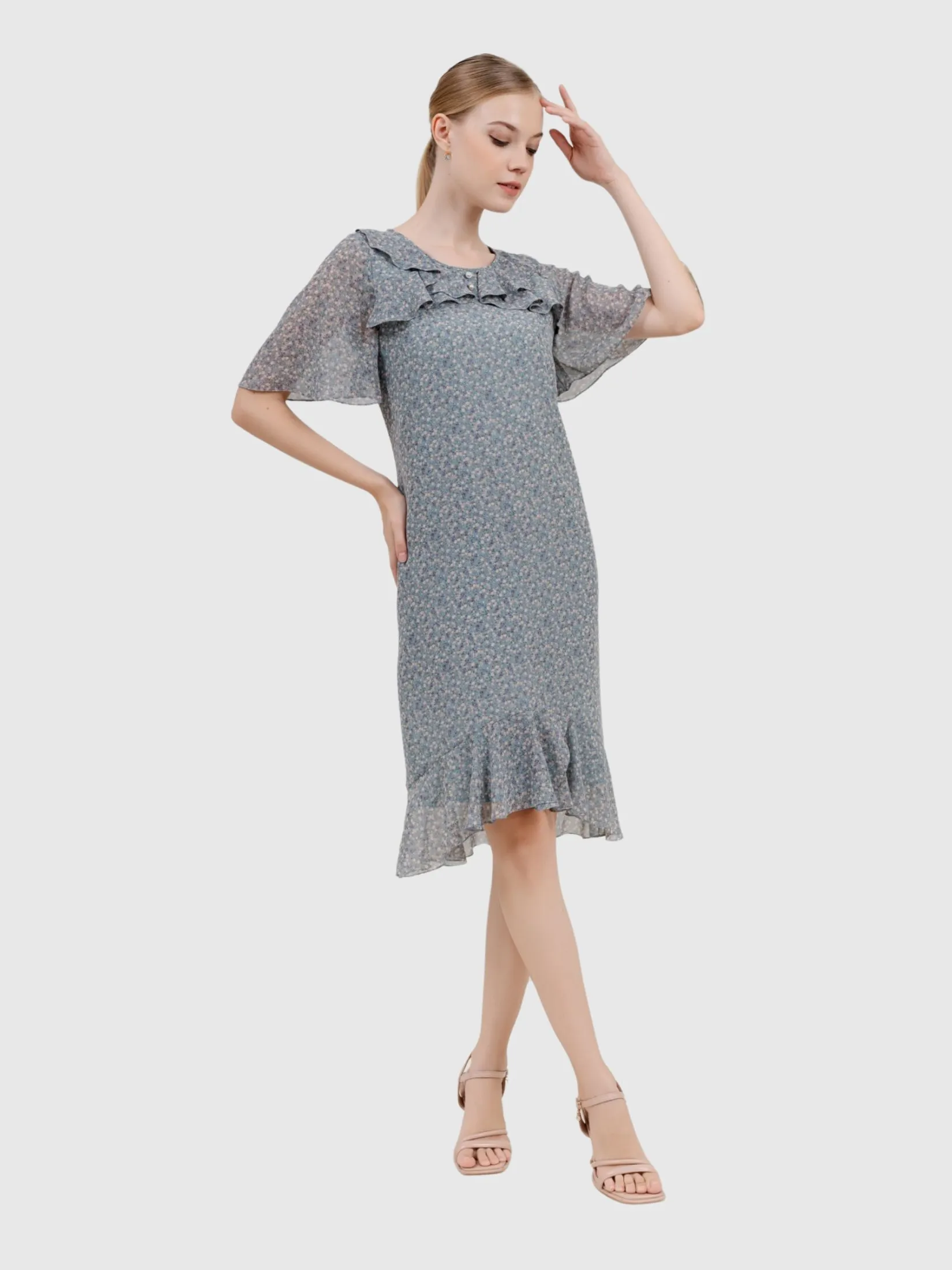 VERONIQA Women Dress Short Sleeves Chiffon Print Green