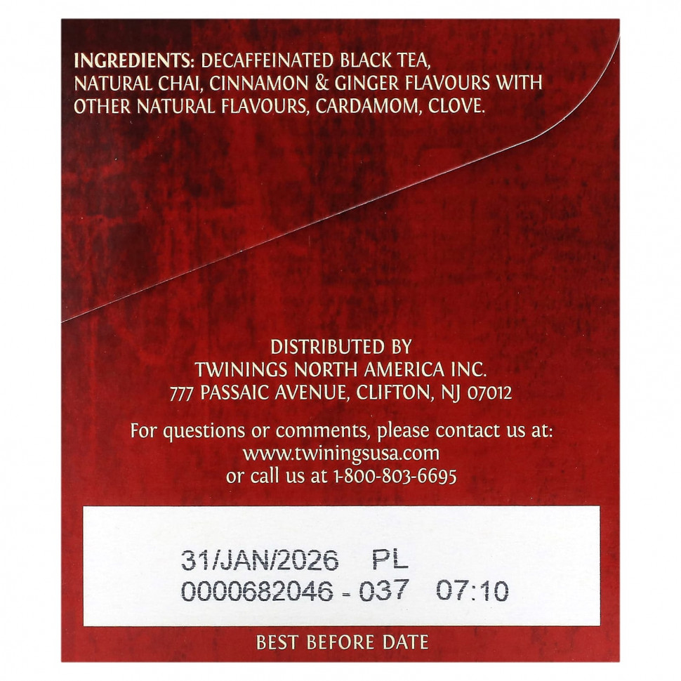 Twinings, Chai, без кофеина, 20 чайных пакетиков в индивидуальной упаковке, 40 г (1,41 унции)