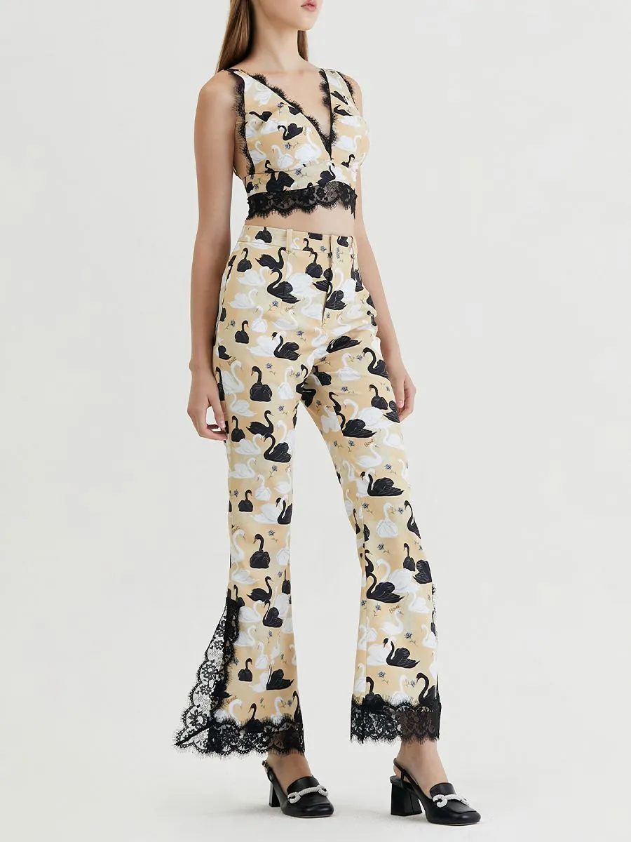 KLOSET (RS24) Swan Print With Lace Pants Beige