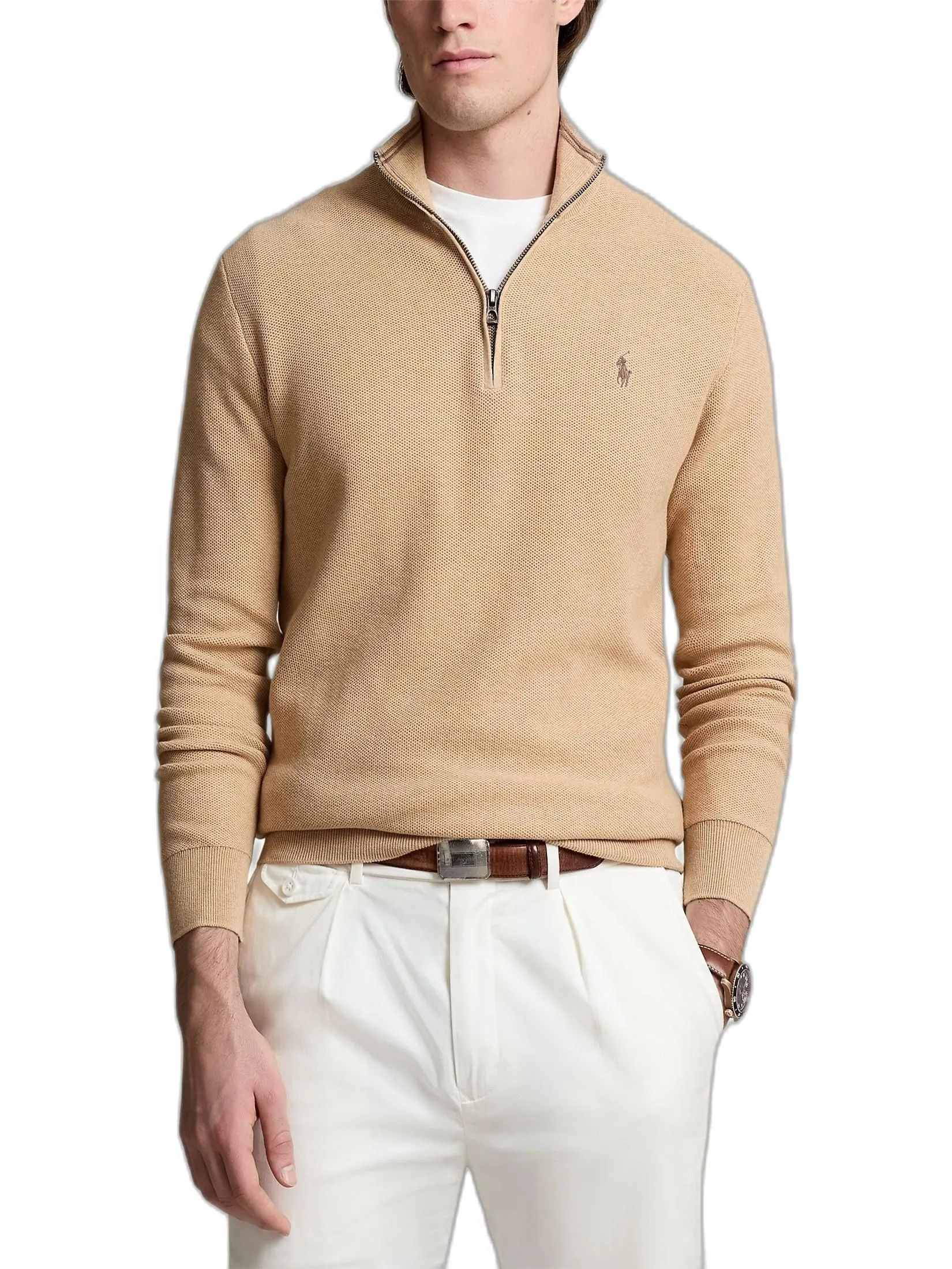 POLO RALPH LAUREN Men Pullover-Mesh-Knit Cotton Quarter-Zip Sweater MNPOSWE16821825-Brown
