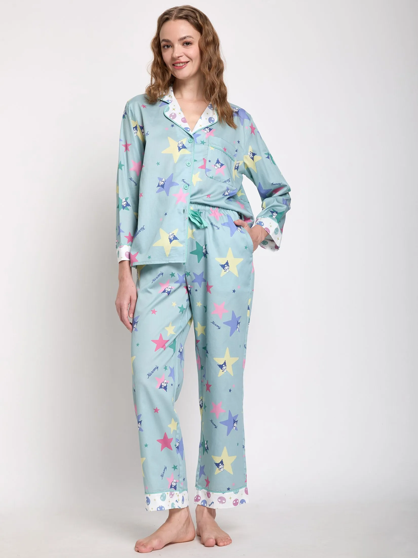 SANRIO Women Sleepwear Shirt Long Sleeves + Pants Kuromi Star Light Blue