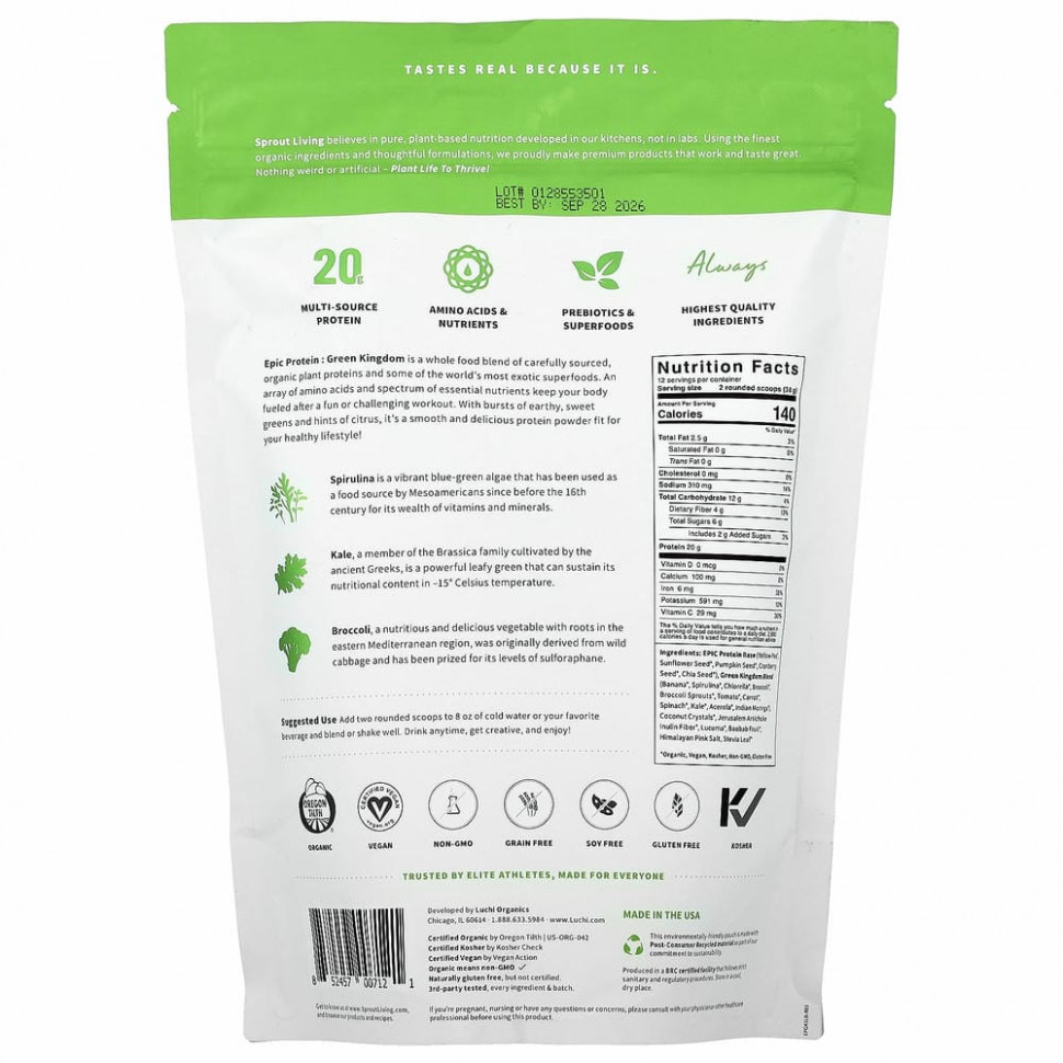 Sprout Living, Epic Protein, органический растительный протеин и суперпродукты, Green Kingdom, 455 г (1 фунт)