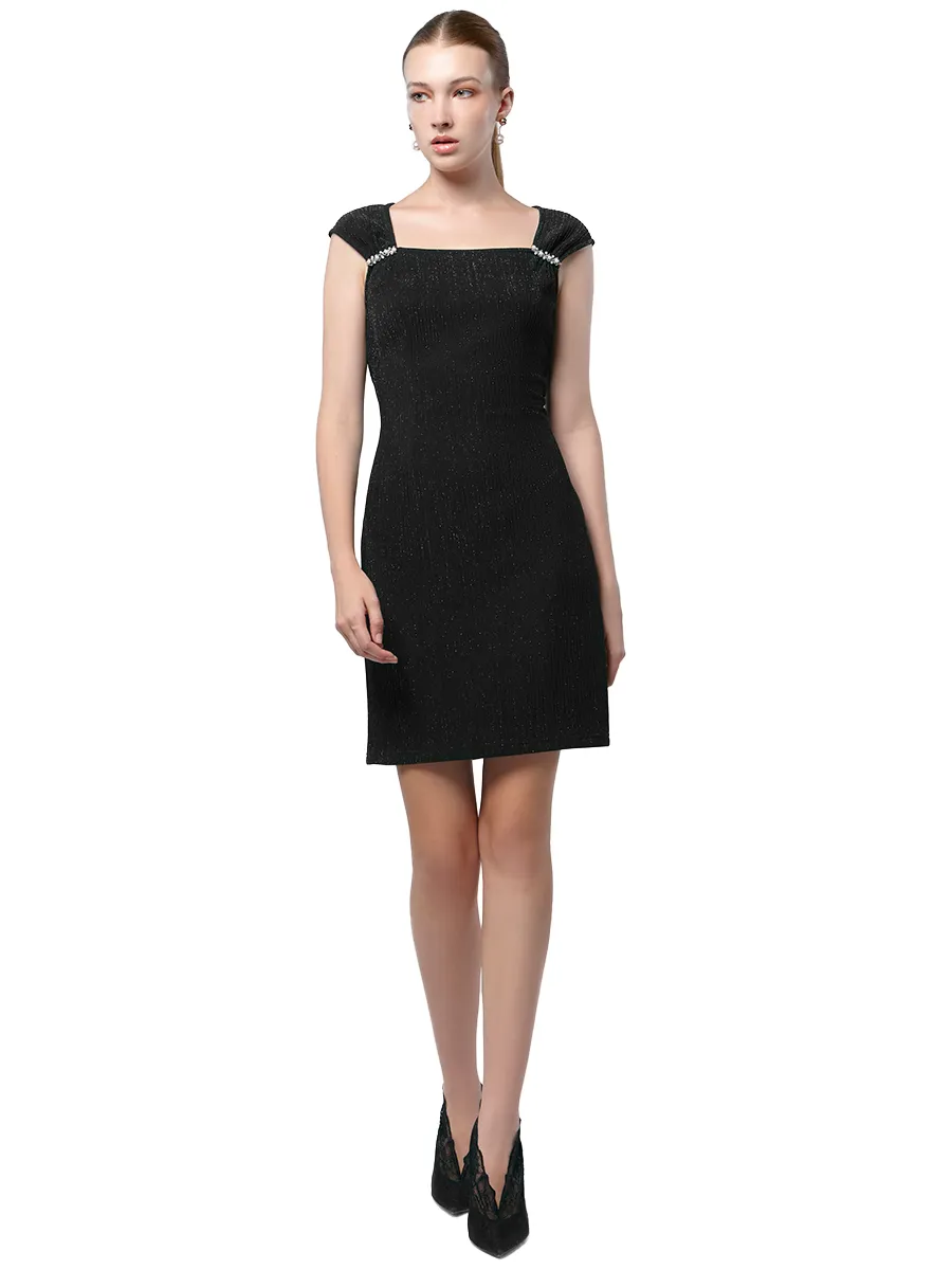 F-FASHION Glitter Textured Knit Dress Women BLACK
