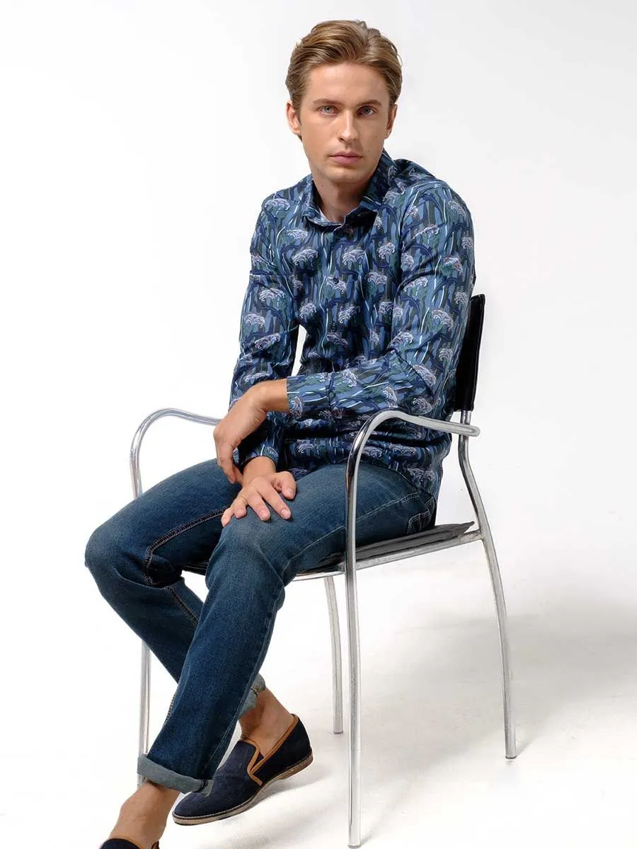 OLYMP MEN SHIRT LONG SLEEVES BODY  FIT FLOWER GRAPHIC PRINT BLUE