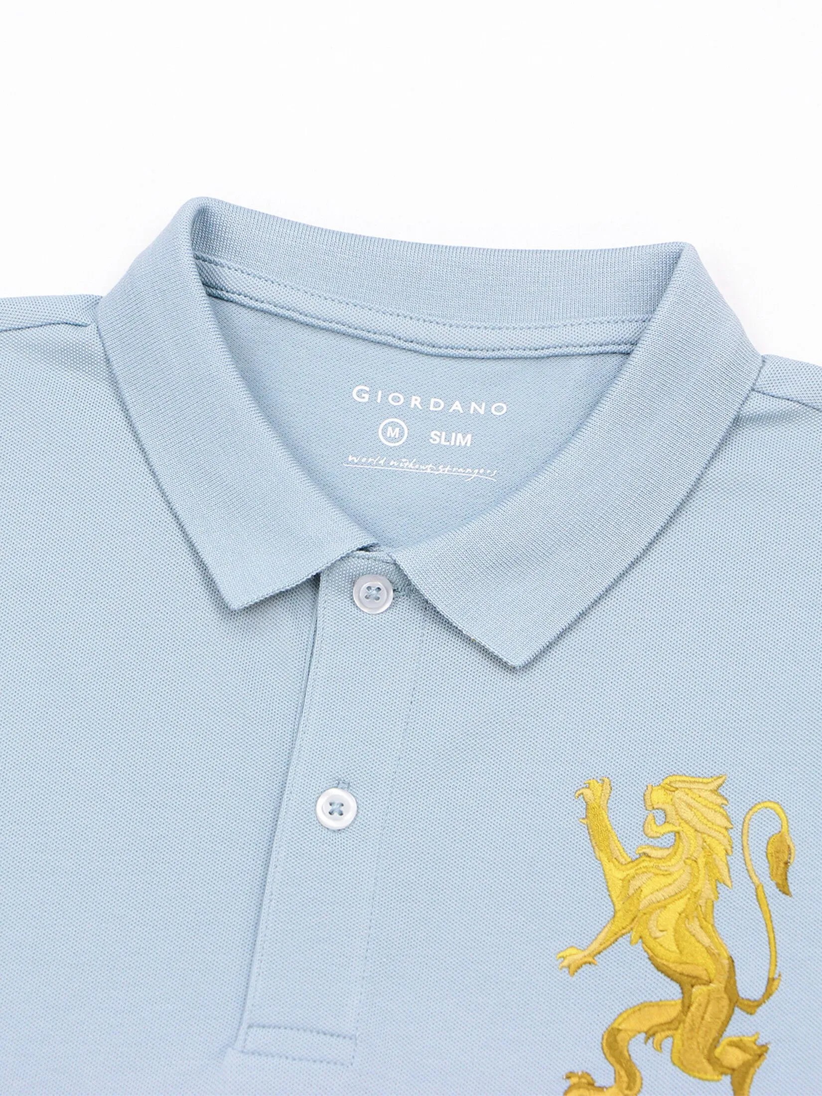 GIORDANO Men's Lycra Pique Embroidery Polo (3D Lion) Tourmailine blue
