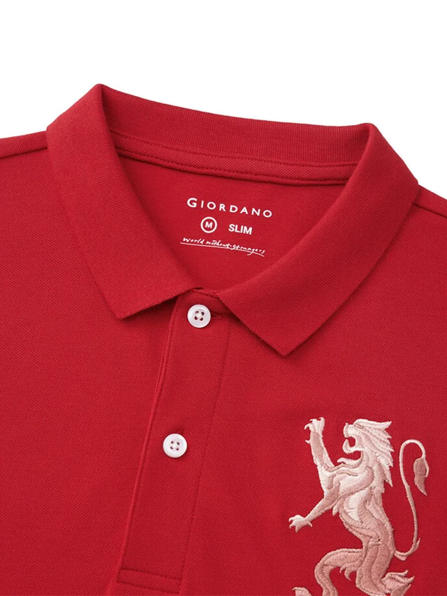 GIORDANO Men's Lycra Pique Embroidery Polo (3D Lion)  Haute Red