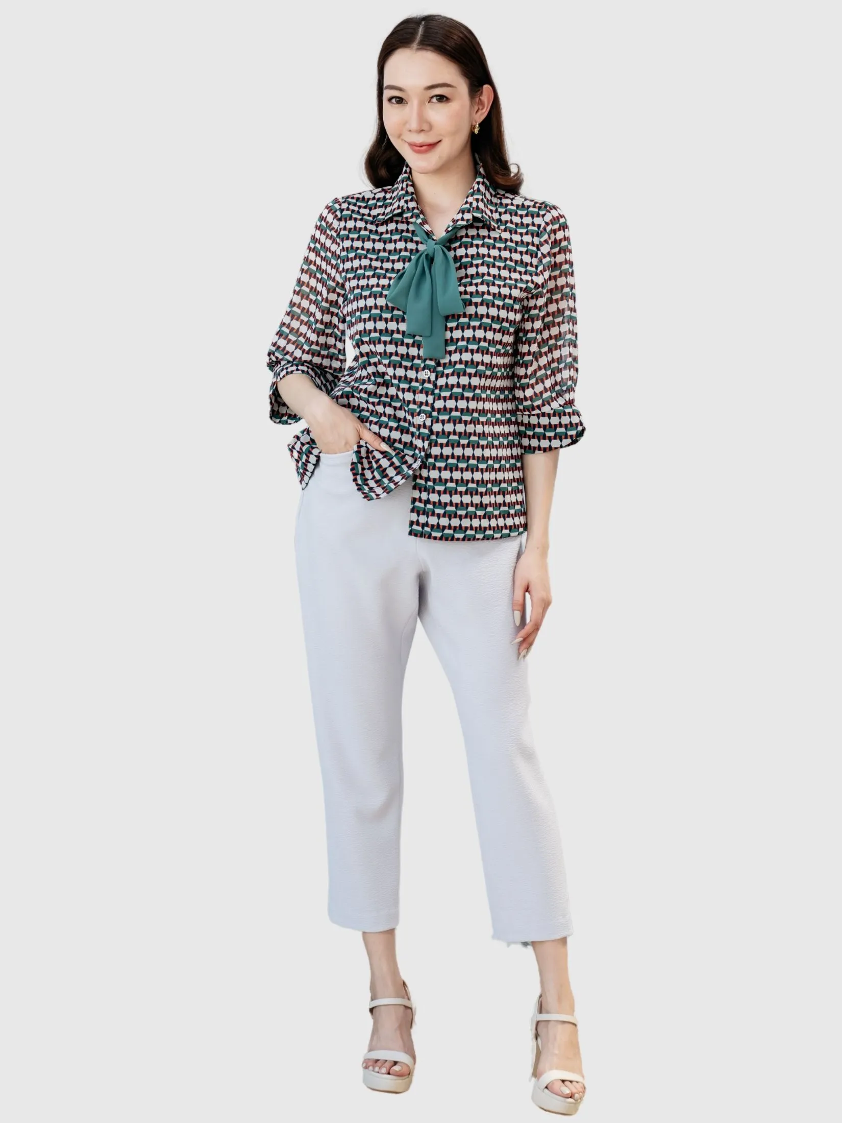 MIKIKO Women Shirt Long Sleeves Chiffon Print Green