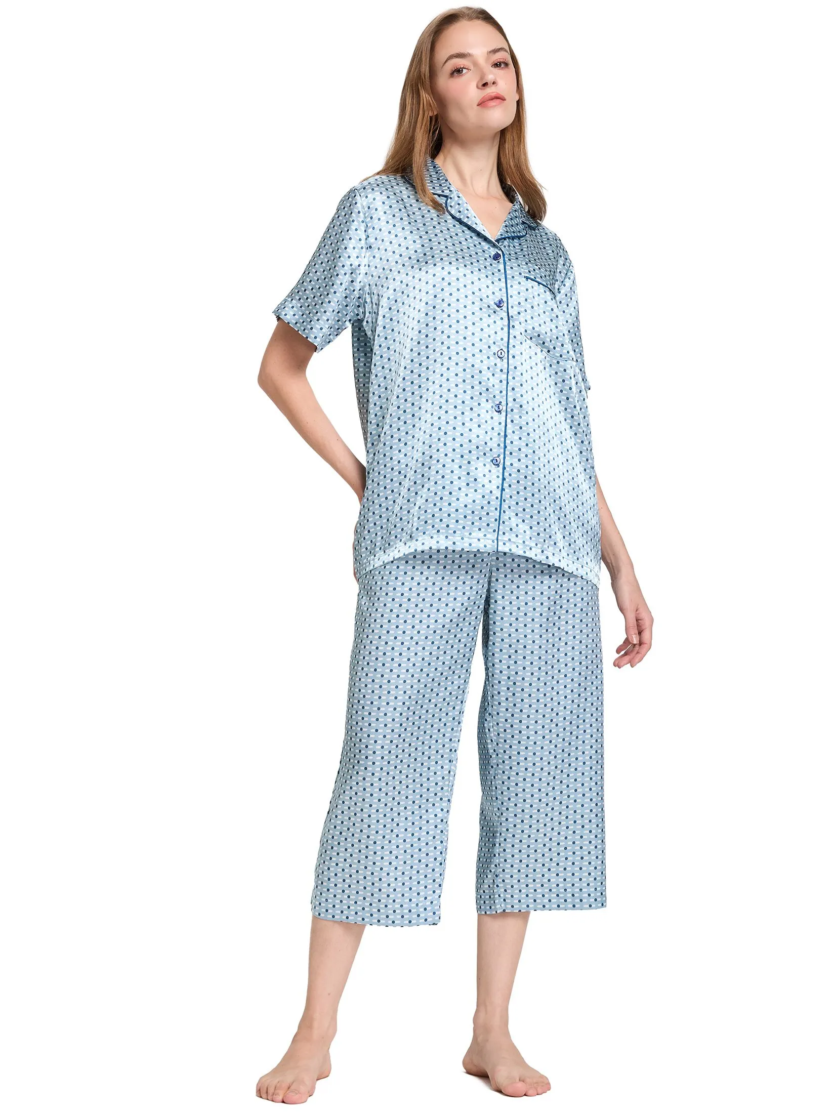 ELIZABETH Women Pajamas Shirt Short Sleeves + Cropped Pants Light Blue