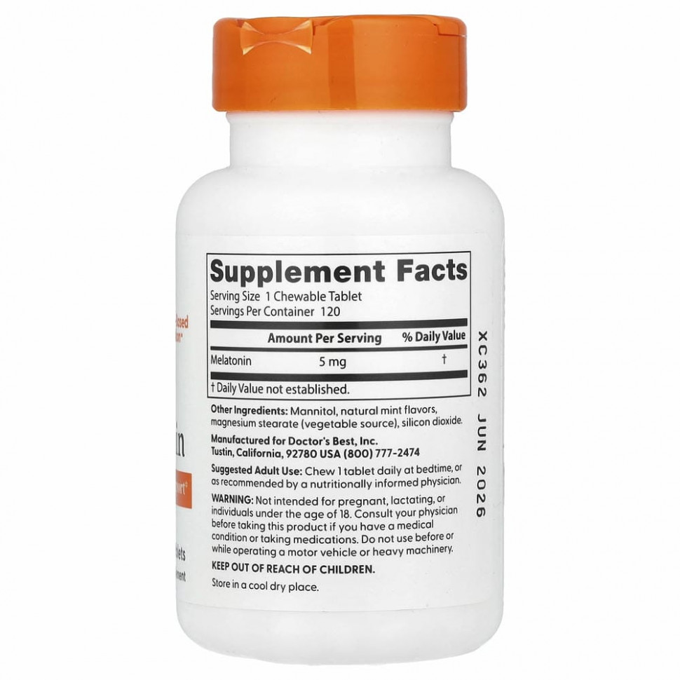 Doctor's Best, мелатонин, натуральная мята, 5 мг, 120 жевательных таблеток