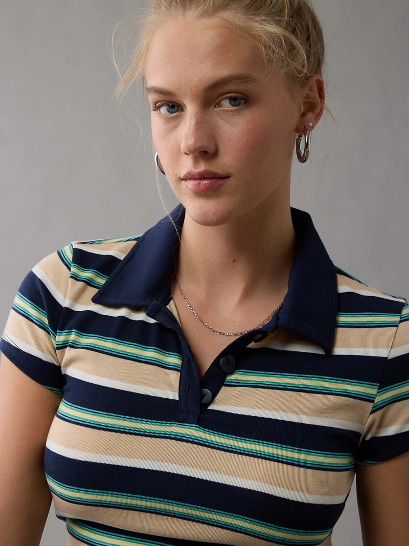 AMERICAN EAGLE WOMEN 9863 POLO BABY TEE STRIPES 410 NAVY