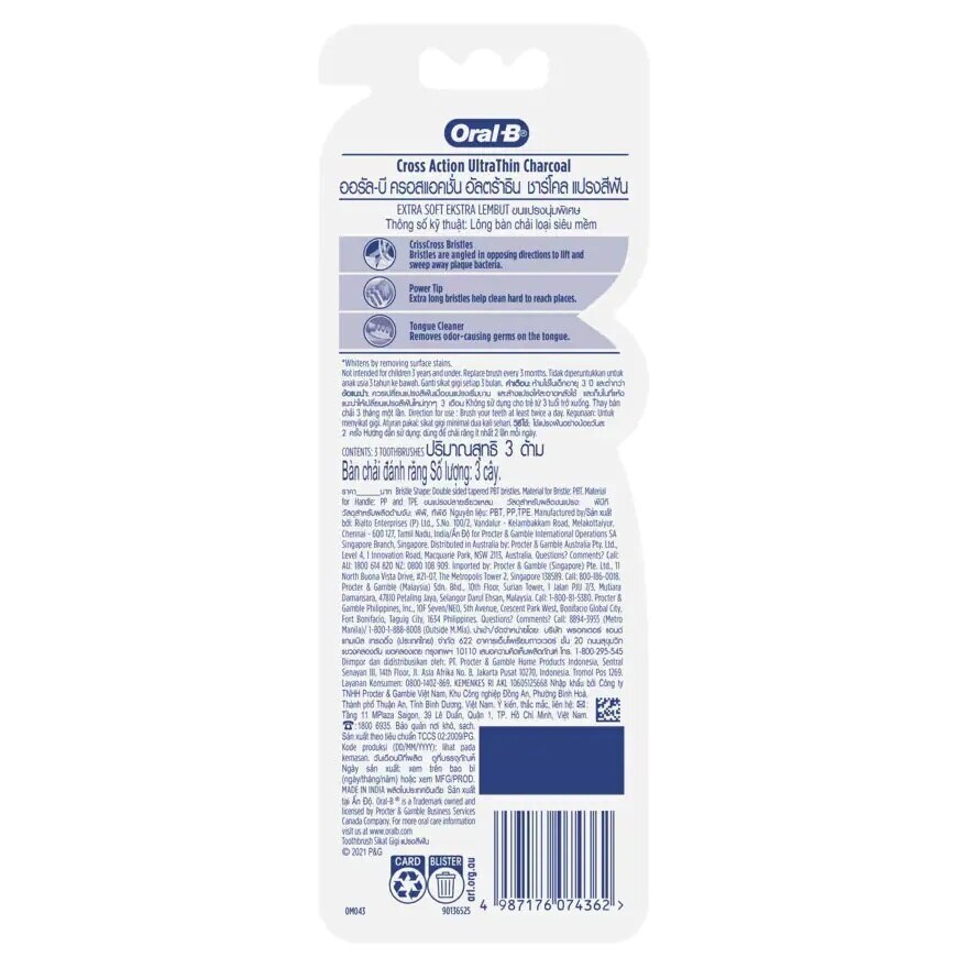Oral-B Toothbrush Cross Action Ultra Thin Charcoal Pack 3's
