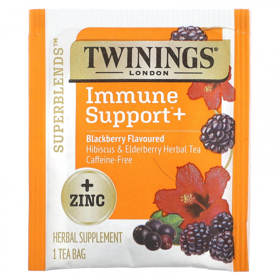 Twinings, Superblends, Immune Support, травяной чай из гибискуса и бузины, ежевика, без кофеина, 16 чайных пакетиков, 32 г (1,12 унции)