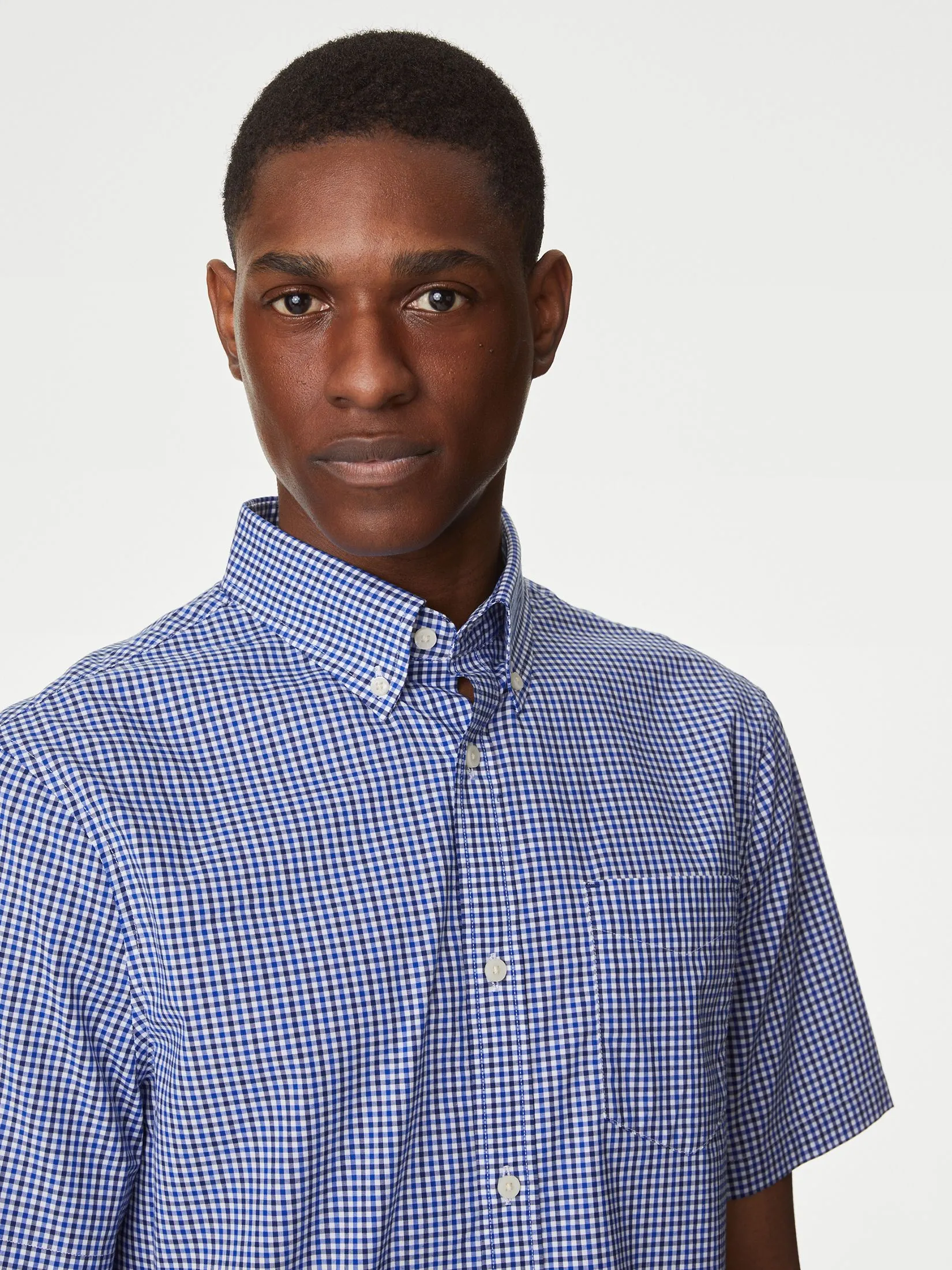 MARKS & SPENCER Men Shirt Short Sleeves Easy Iron Cotton Stretch Gingham Check Oxford Print