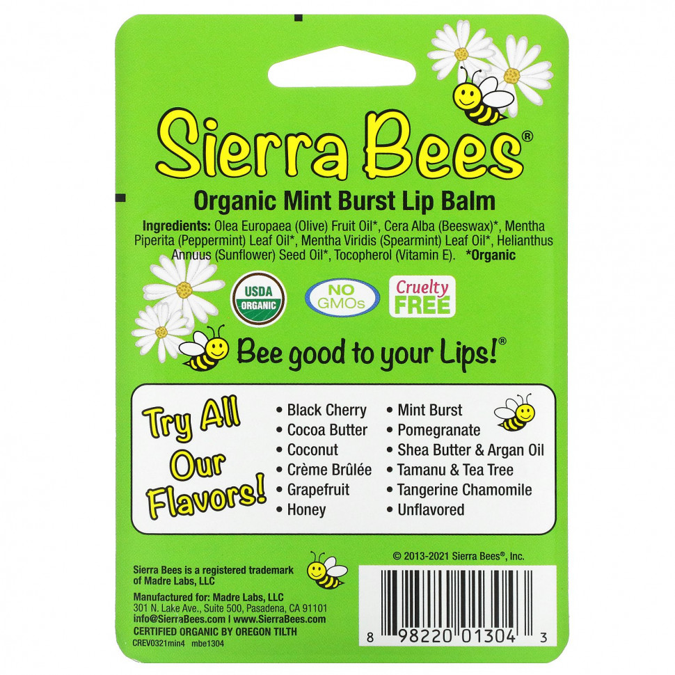 Sierra Bees, Органические бальзамы для губ, мятный взрыв, 4 штуки в упаковке весом 0,15 унции (4,25 г) каждая