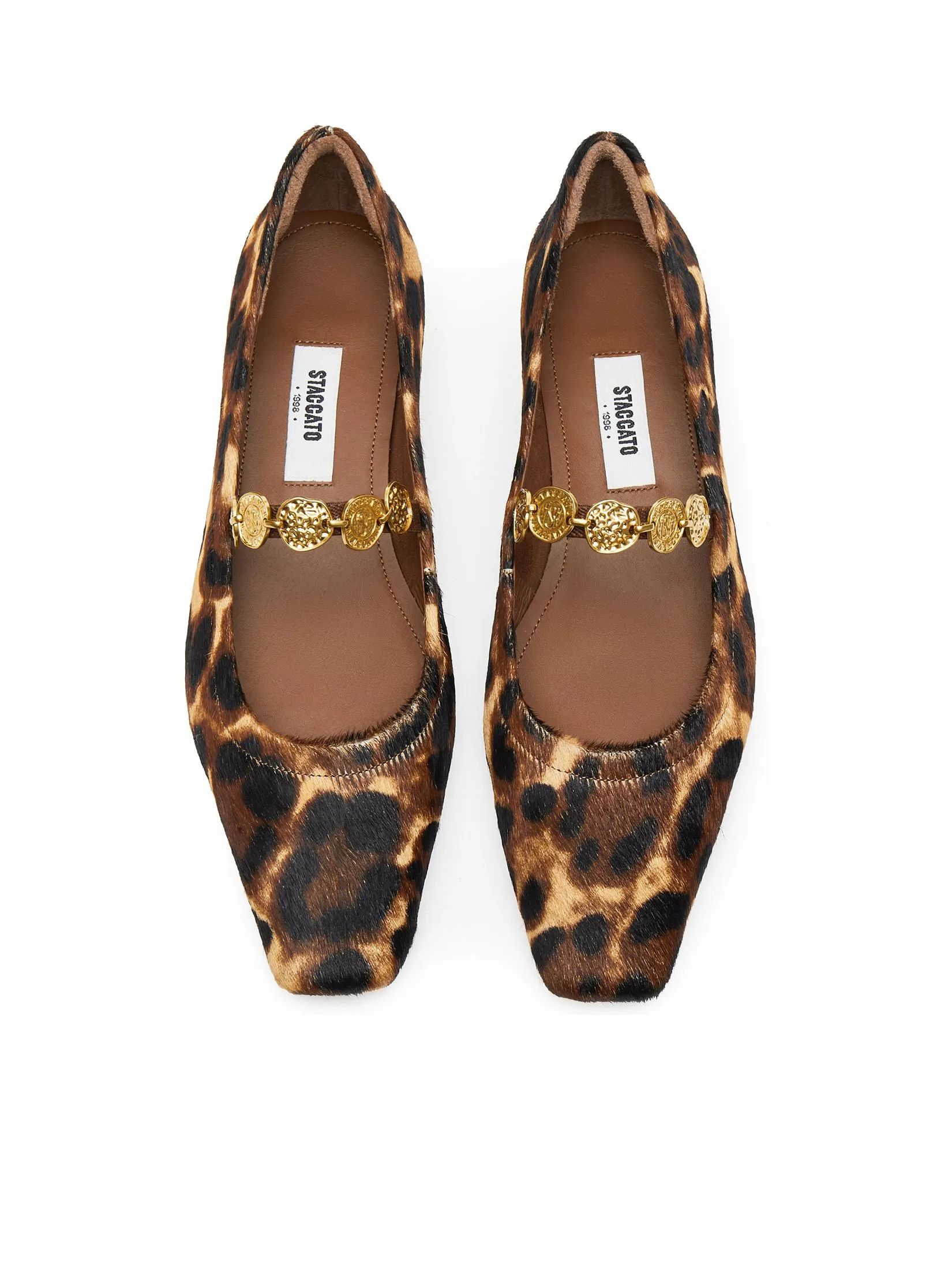 STACCATO Women Flat Shoes Mary Jane Leopard Print Gold Strap Detail Black