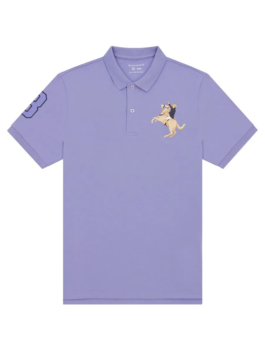 GIORDANO Men's Pique Slim Fit Embroidery Napoleon Polo  Thistle Down Purple